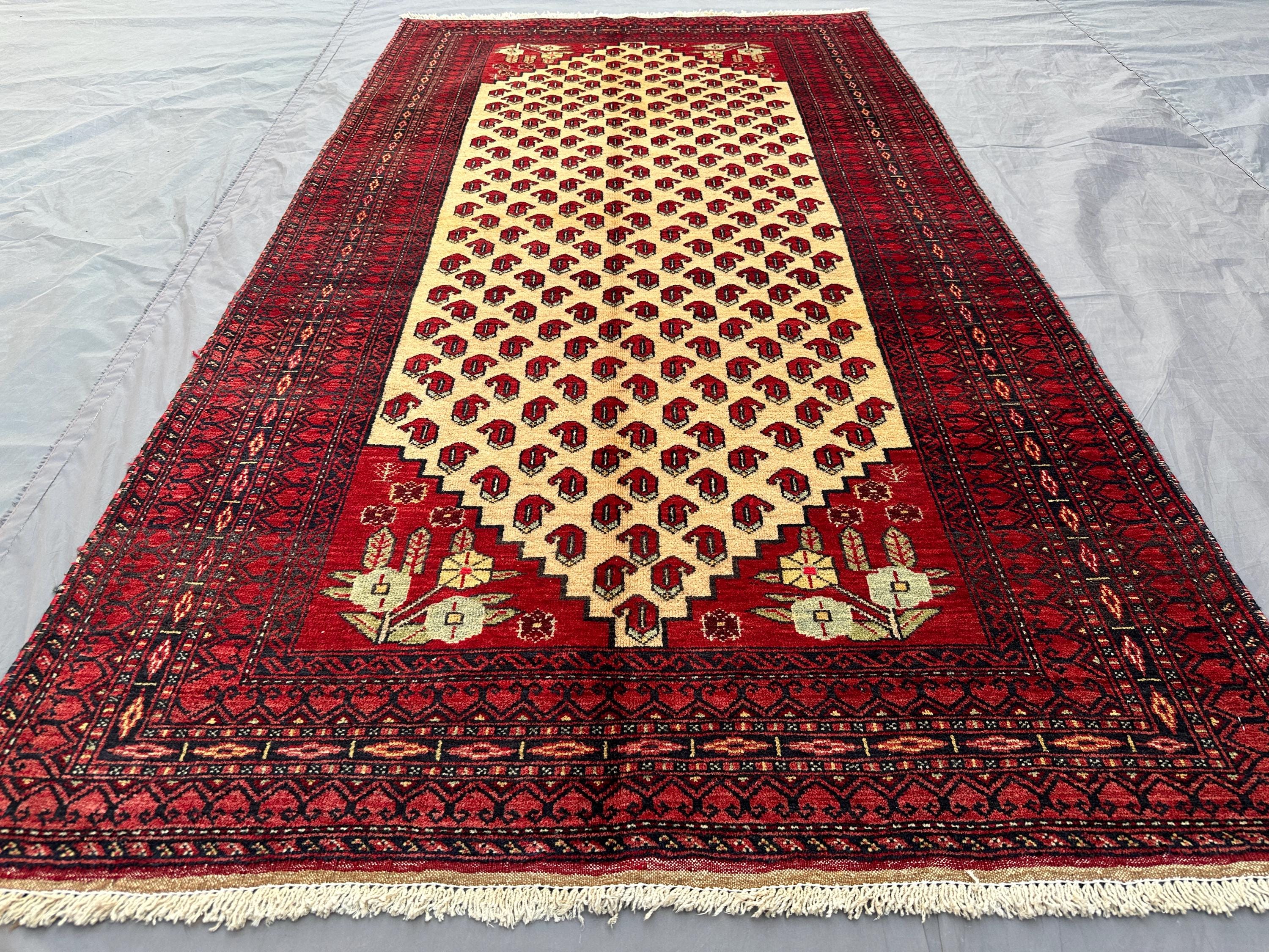 3'2x5'6 ft Antique Afghan Baluch Wool Rug | Tribal Turkmen Bukhara Design | Hand Knotted Geometric Carpet | Red Area Floor Rug, Kitchen Rug