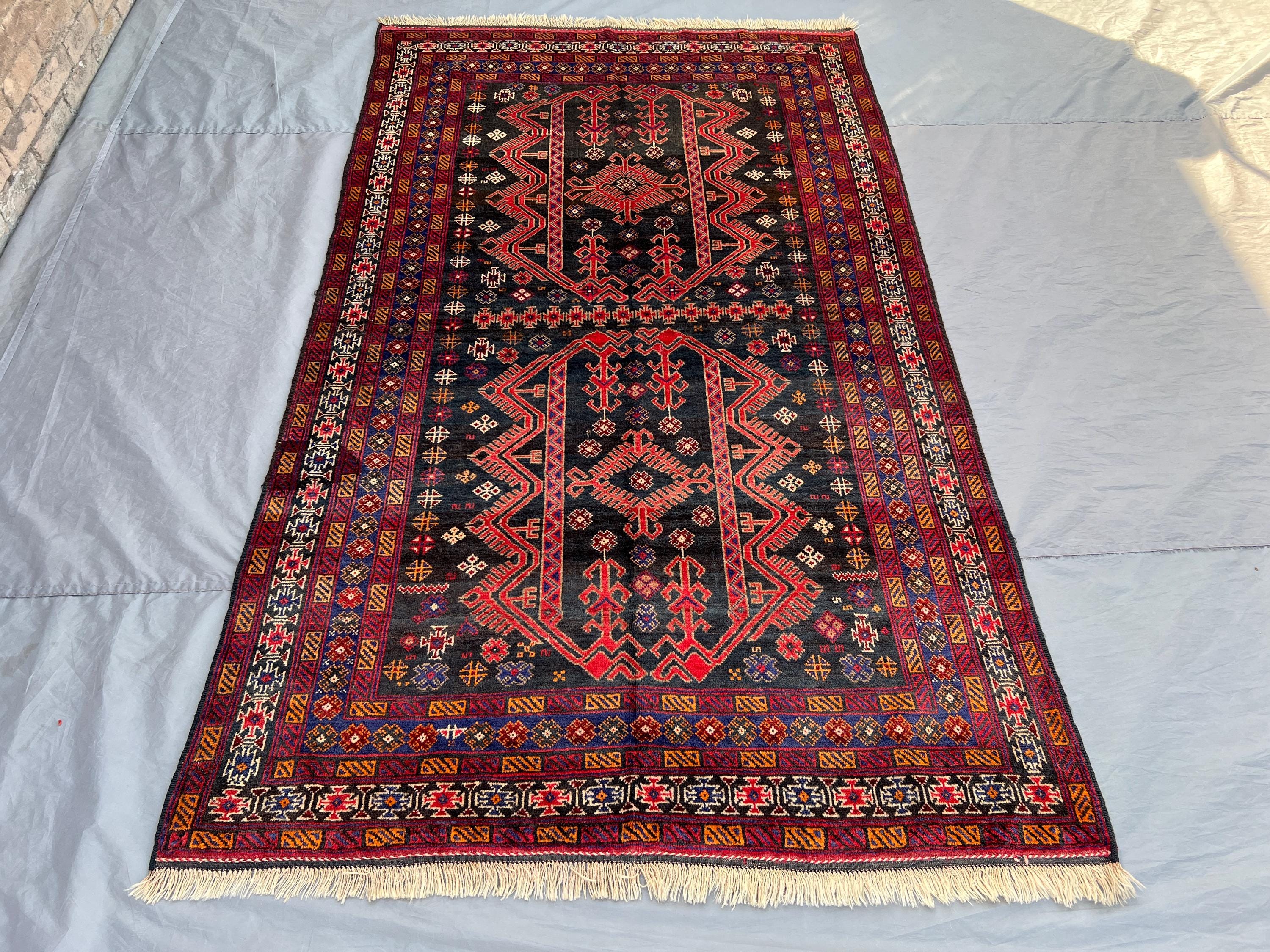 5x8.3 ft Afghan Belouch Rug | Hand Knotted Tribal Wool Carpet | Black Red Geometric Design | Vintage Bedroom R