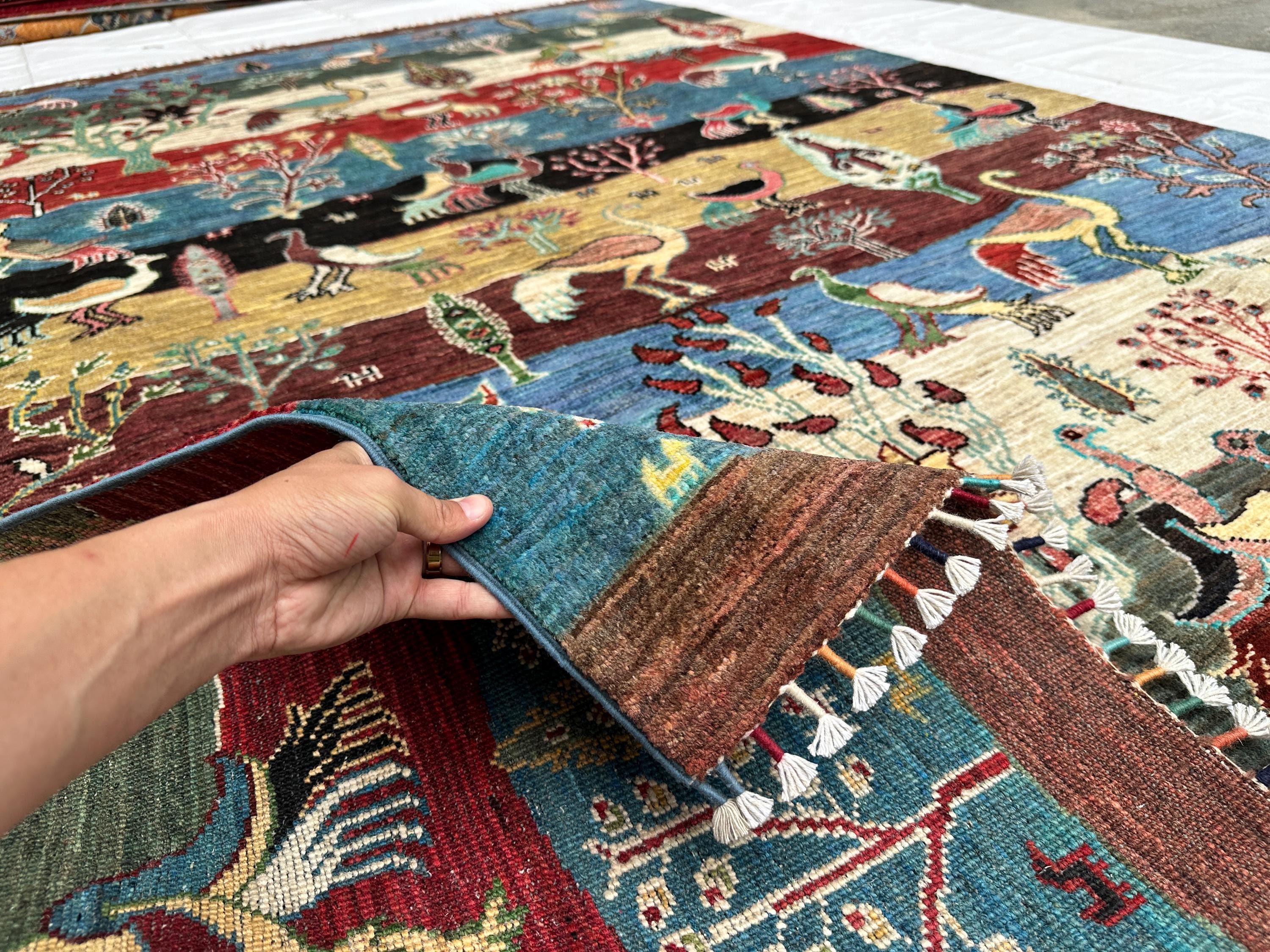 Multicolor Bird Rug, Hand Knotted Wool Pictorial Carpet 7x10, Exotic Bird Tree Area Rug, Statement Wool Rug, Living Room Art Rug