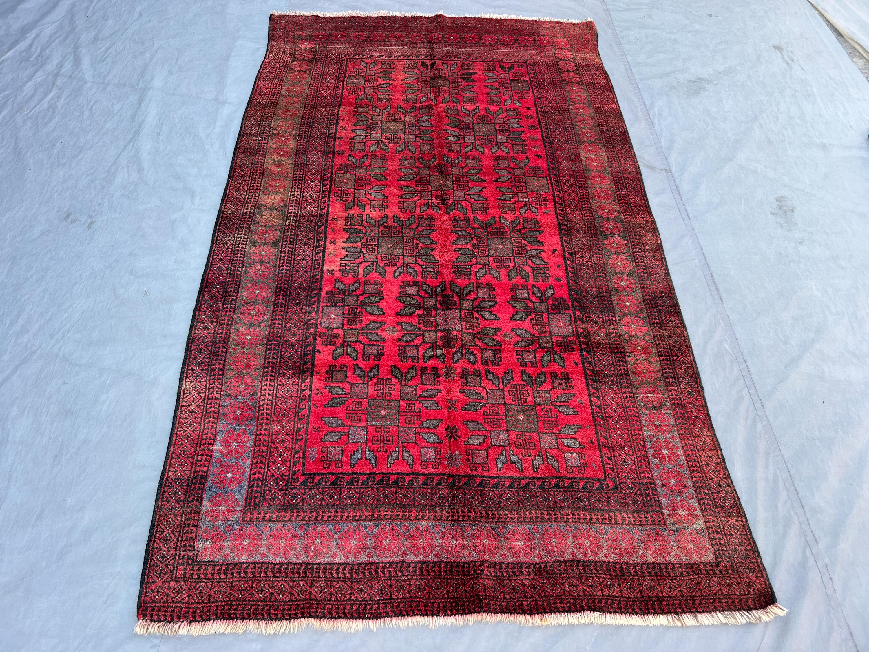 Red 4'7" x 8'3" Vintage Afghan Baluchi Rug, Hand-Knotted Wool, Geometric Tribal Medallion Design, Soft Pile fo