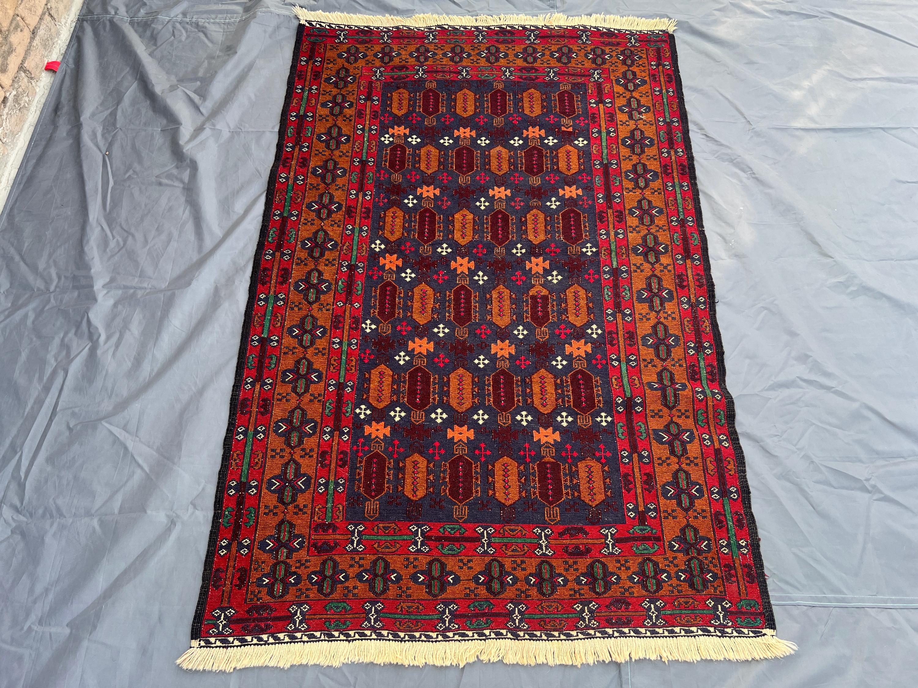 Vintage Sumak Kilim Rug 3'9x5'9 | Afghan Handmade Flatweave | Tribal Geometric Wool Accent | Boho Ethnic Decor | Rustic Woven Rug | Moss Rug