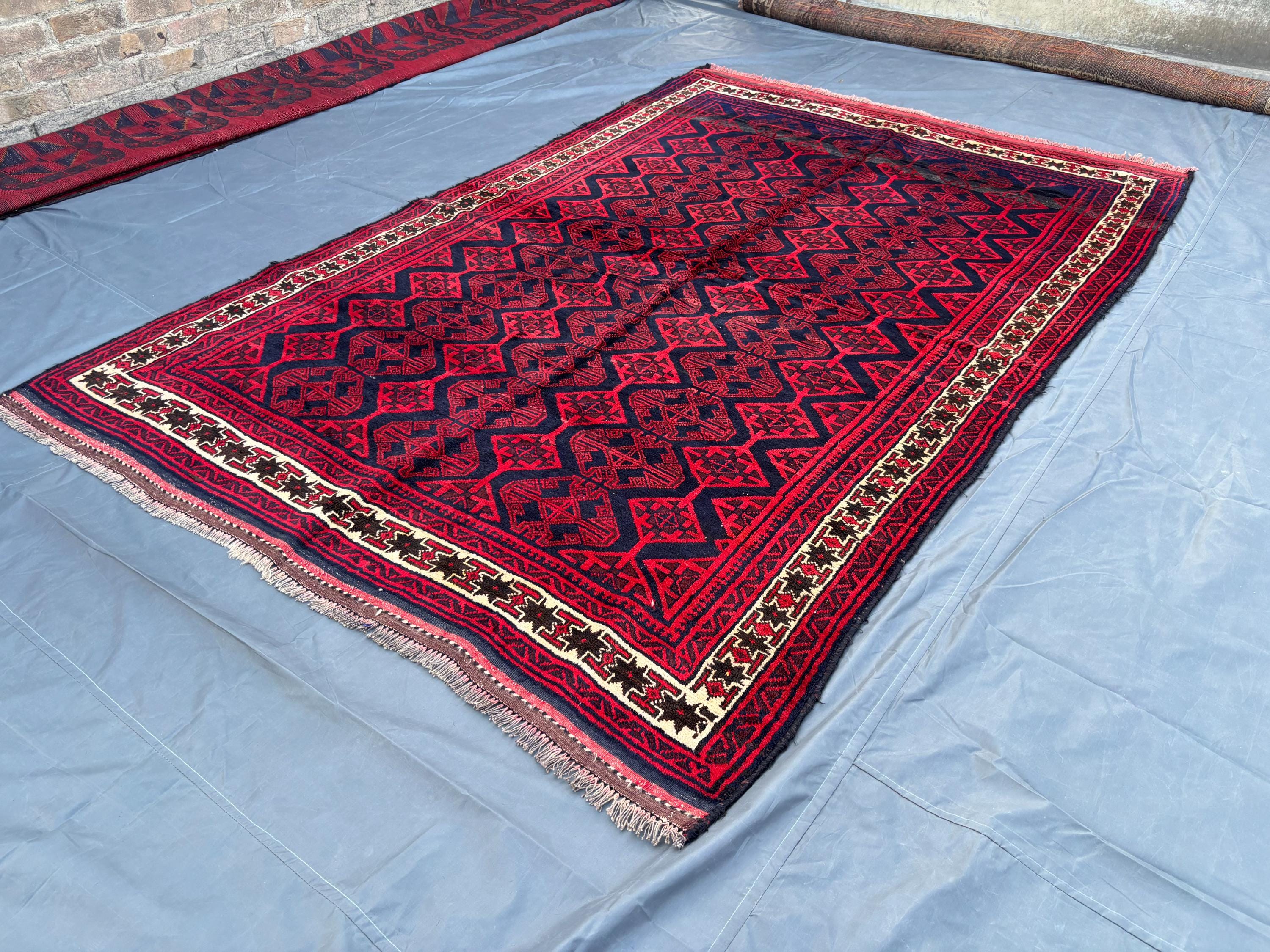 5'5" x 8'8" Vintage Afghan Hand-Knotted Rug | Baluchi Fine Rug | Red Black Tribal Geometric Wool Carpet | Soft