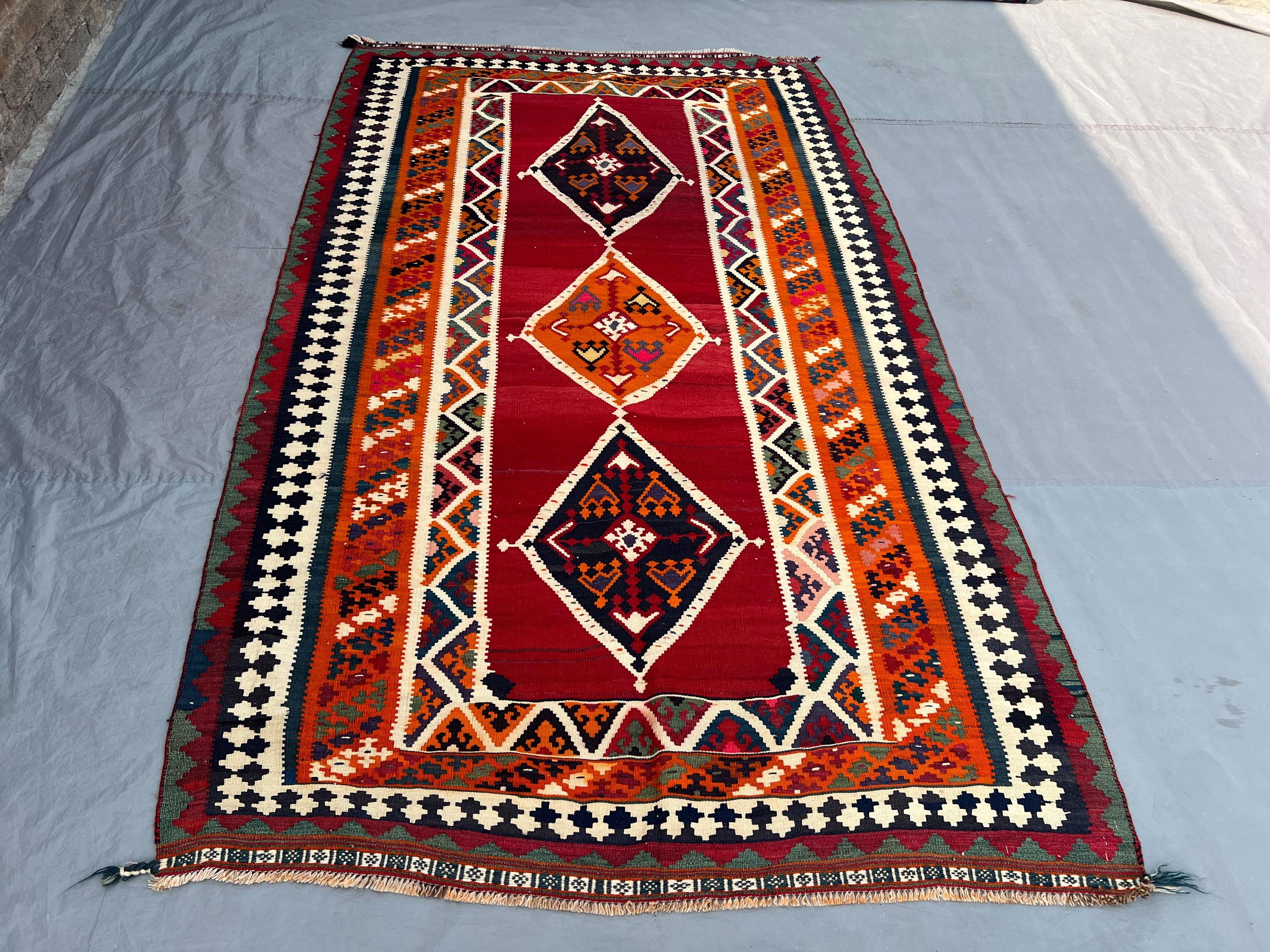 5'1x8'7 Ft Vintage Afghan Tribal Kilim Rug, Handwoven Triple Diamond Medallion Red Orange Wool Flatweave | Living Room Boho Decor