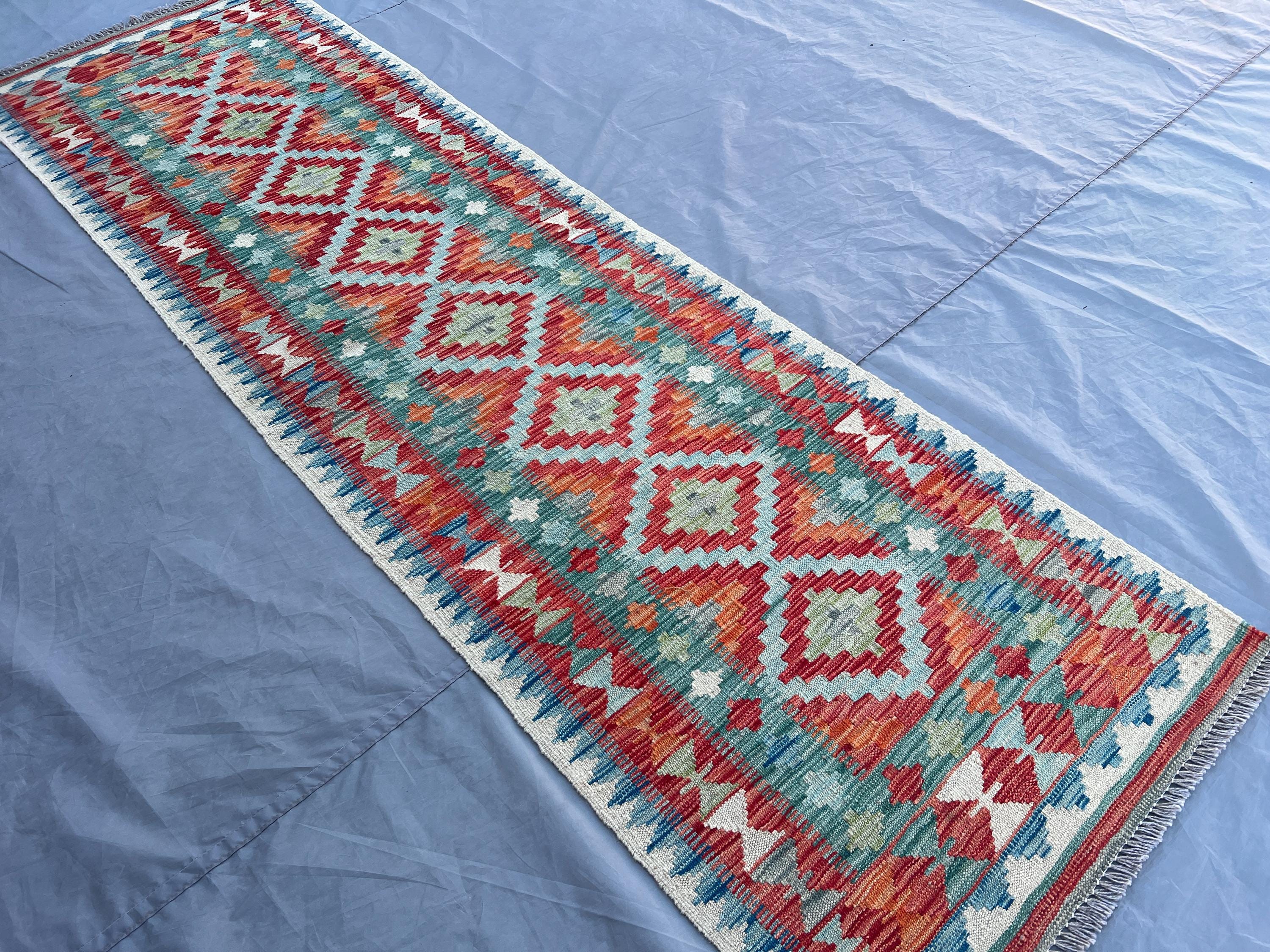 3x8 Afghan Kilim Runner Rug, Handwoven Wool Flat Weave, Tribal Geometric Hallway Rug, Natural Dye Long Runner, Boho Entry Decor, Kitchen rug