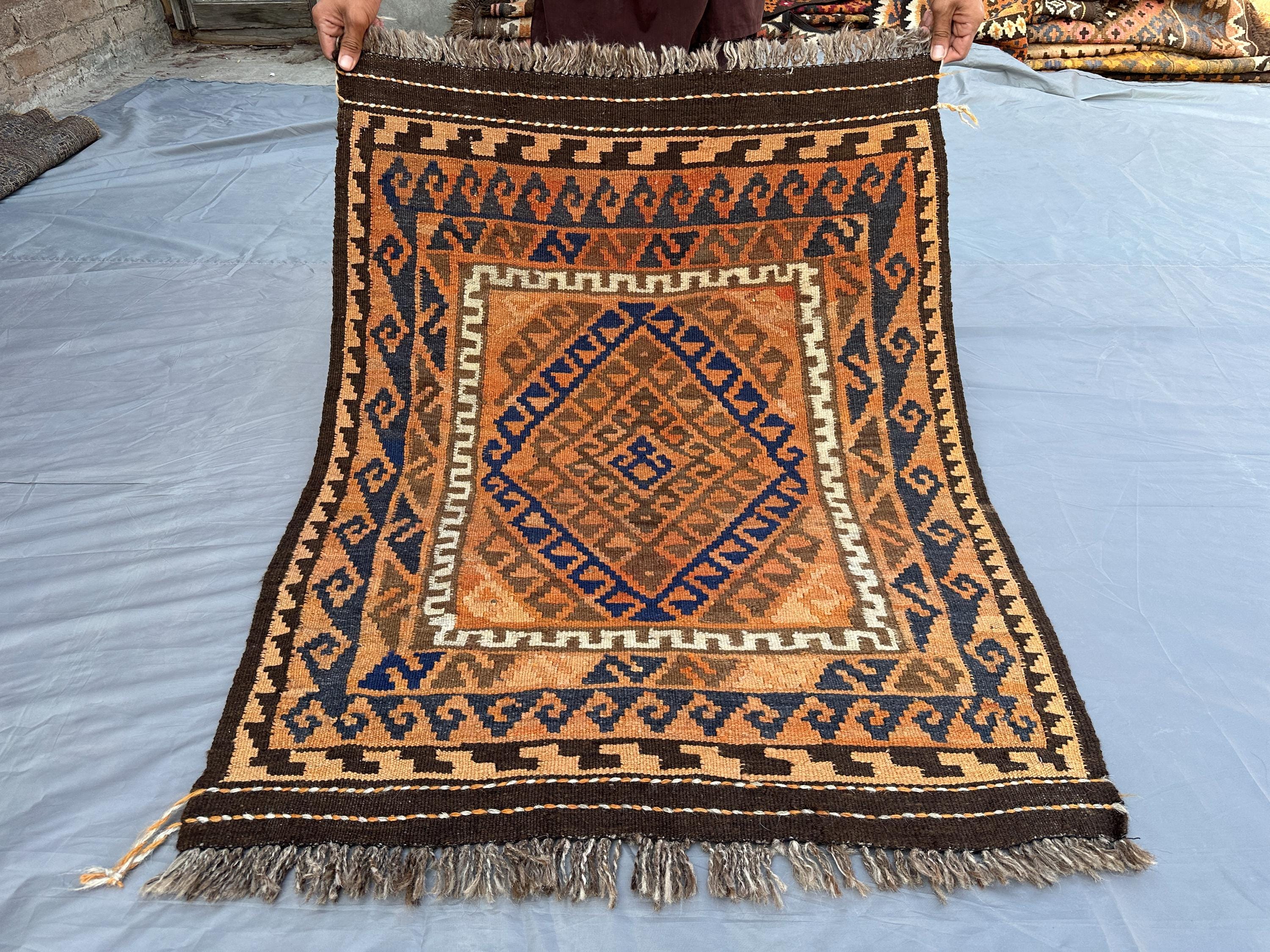 2'10x3.8 ft Antique 1960s Rug, Terracotta Handmade Flatweave Kilim Rug, Oriental Afghan Wool Rug, Geometric Rug, Bedroom, Kidsroom floor rug