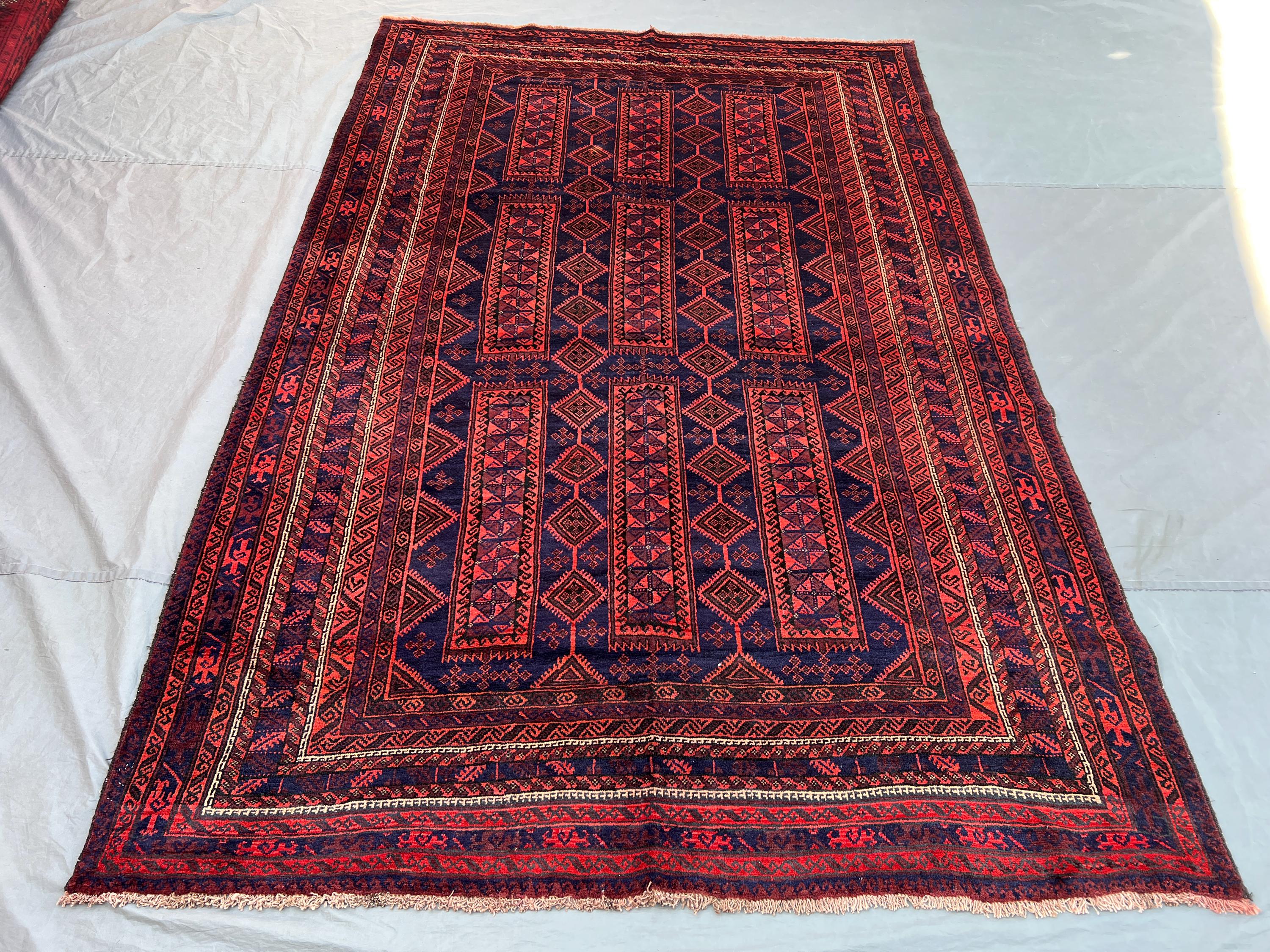 6'3x9'7 Ft Vintage Afghan Tribal Rug | Hand Knotted Wool Area Rug | Deep Navy Blue Red Geometric Rug | Bohemian Living Room Rug
