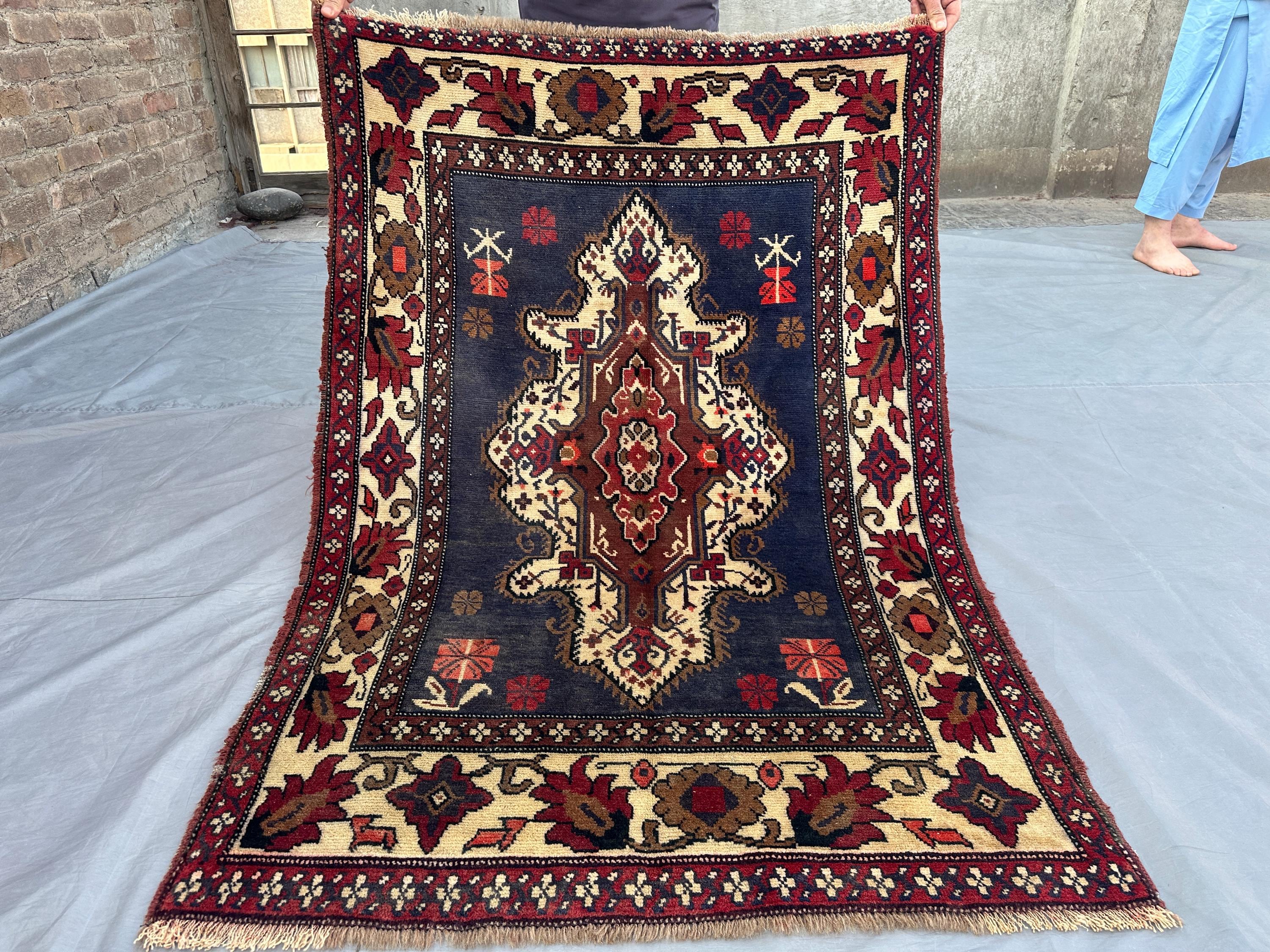 アンティーク アフガン バルーチ族 ラグ - 3x5 幾何学模様、トルクメン