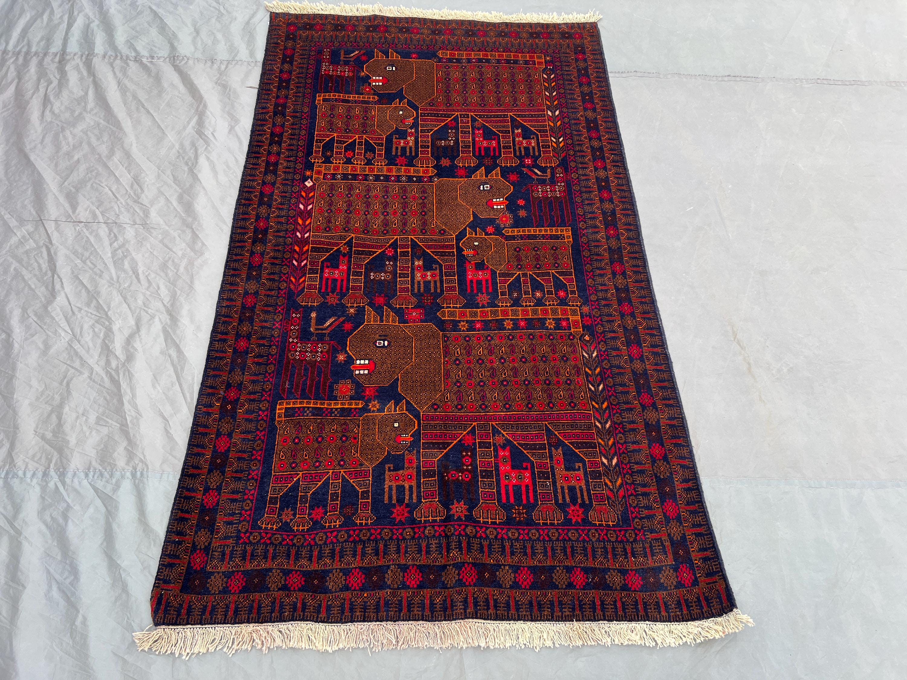 3'11 x 6'9 ft Vintage Afghan Hand-Knotted Baluchi Pictorial Rug, Animal Hunting Design, Rare Collectible Triba