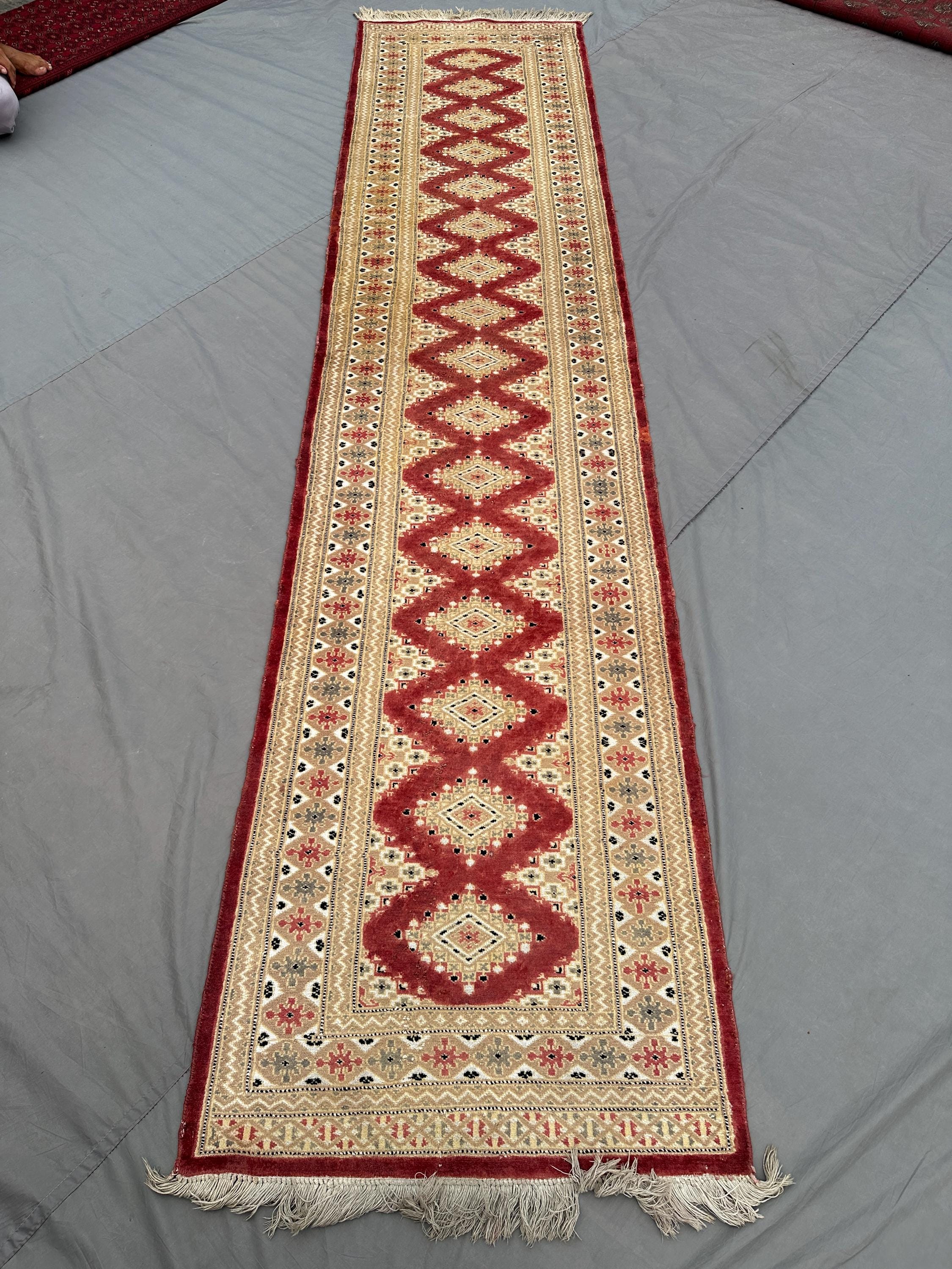 3 x 12 ft Afghan Hand Knotted Vintage Turkish Inspired Caucasian Runner Rug Red Geometric Tribal Wool Long Corridor rug | living room decor