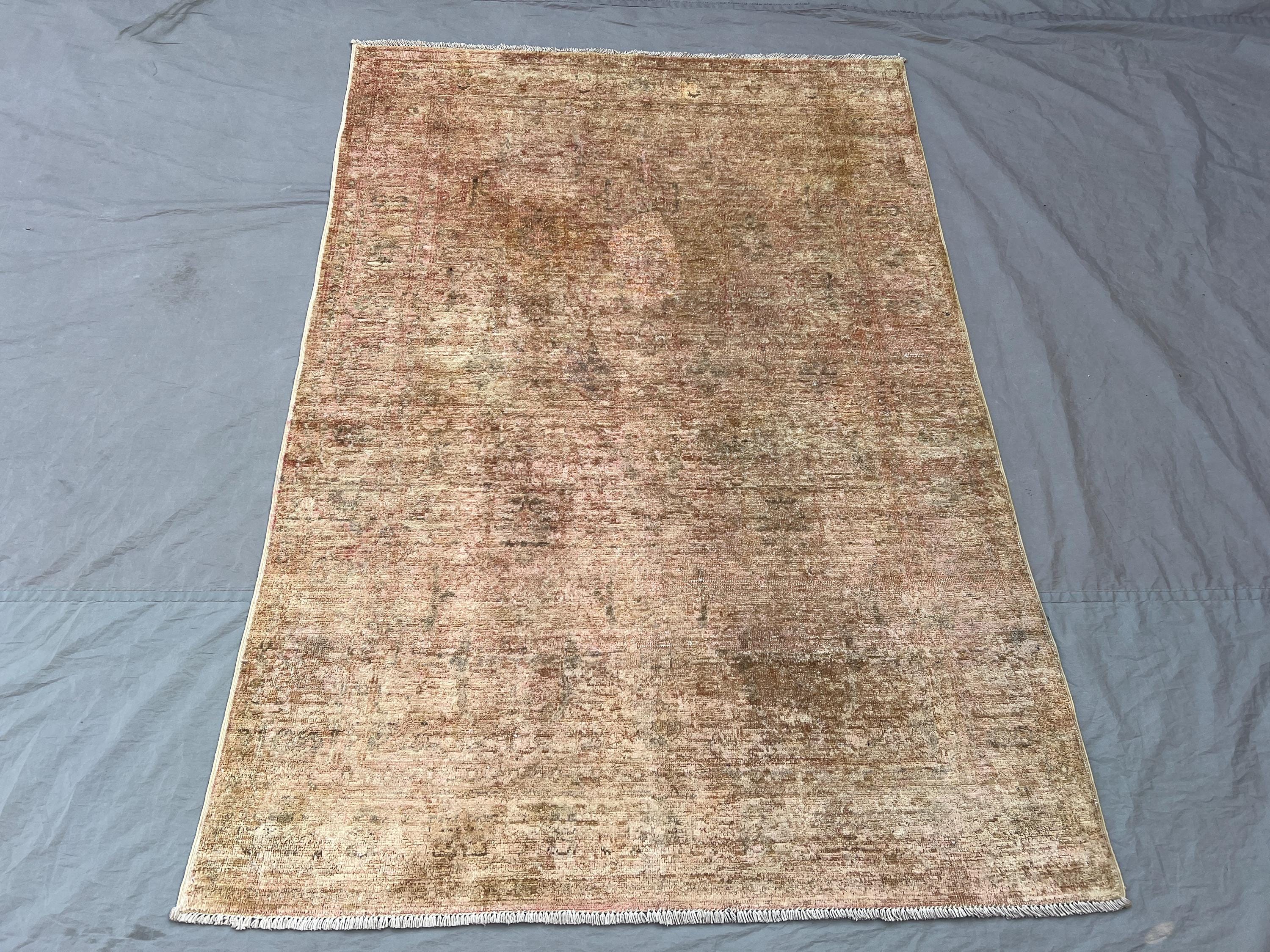 4x5'7 Vintage Afghan Wool Pile Rug Hand-Knotted Distressed Faded Floral Blush Pink Olive Mocha Transitional Area Rug | Living Room Bedroom