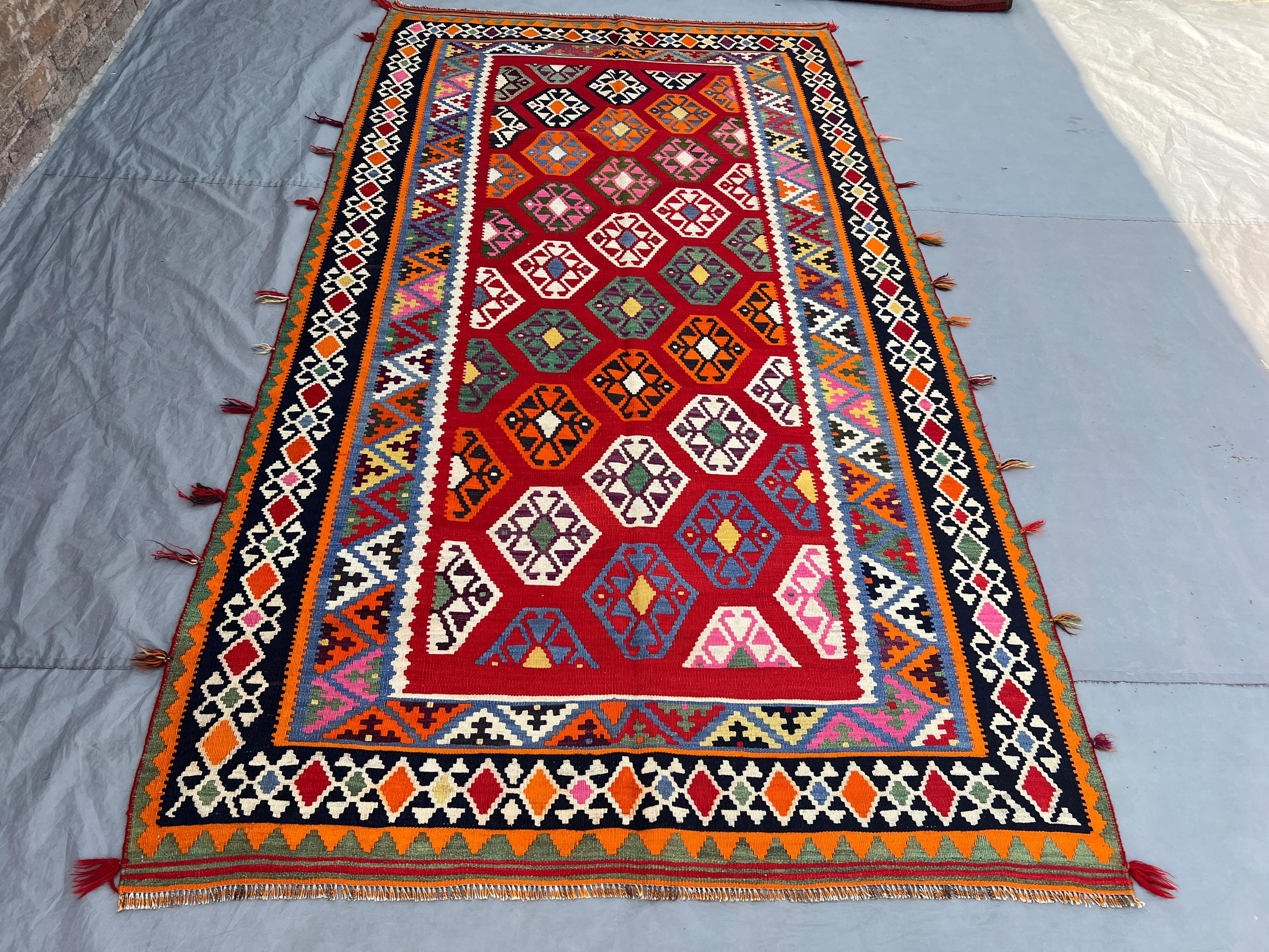5'2x9'5 Ft Vintage Afghan Kilim Flatweave | Red All-Over Multicolor Diamond Grid | Handwoven Wool Tribal Rug Living Room Dining Room Bedroom