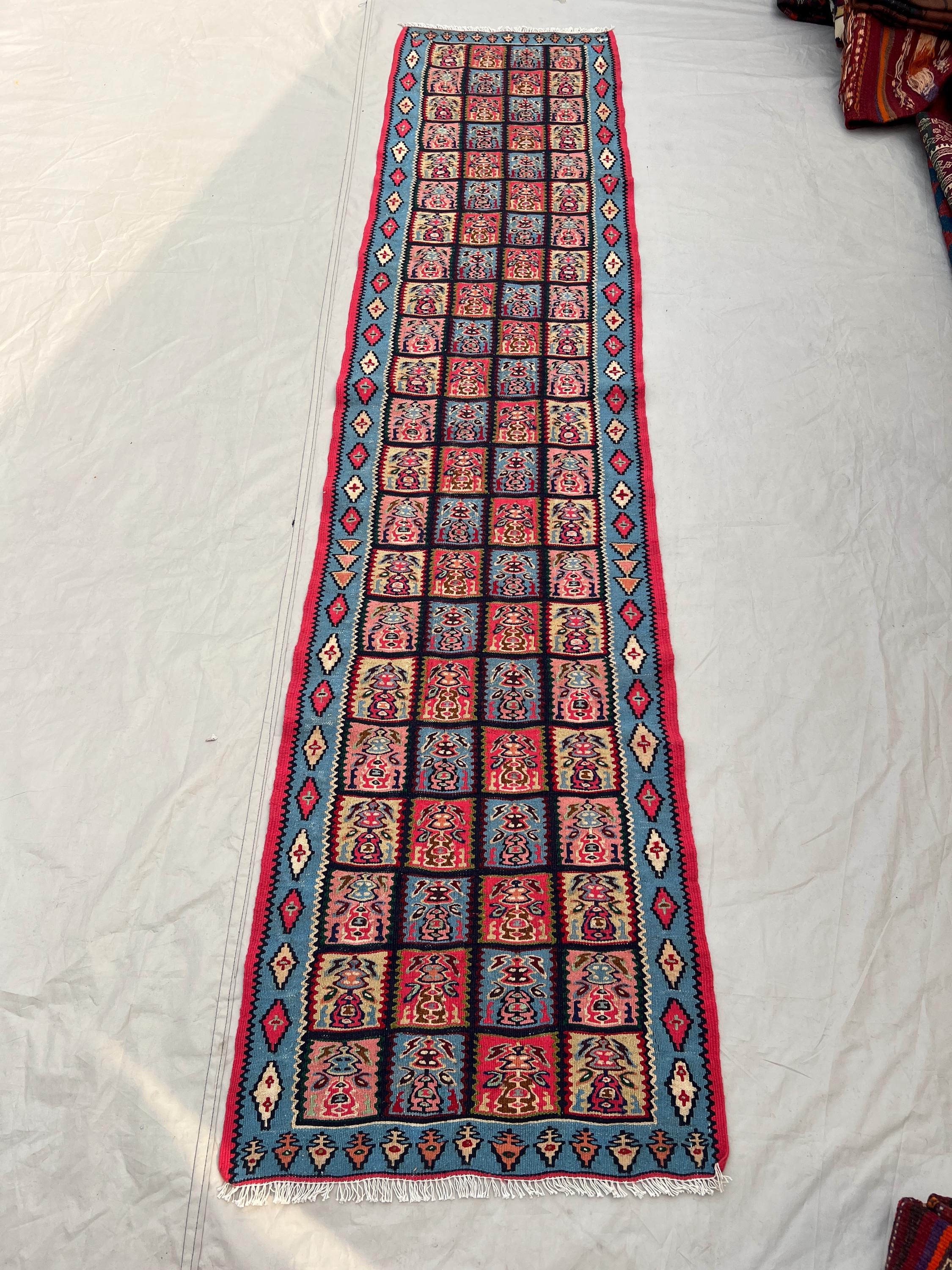 2x8'6 Ft Vintage Afghan Kilim Handwoven Wool Flatweave Grid Panel Floral Folk Motif Sky Blue Hot Pink Multicolor Runner | Hallway Entryway