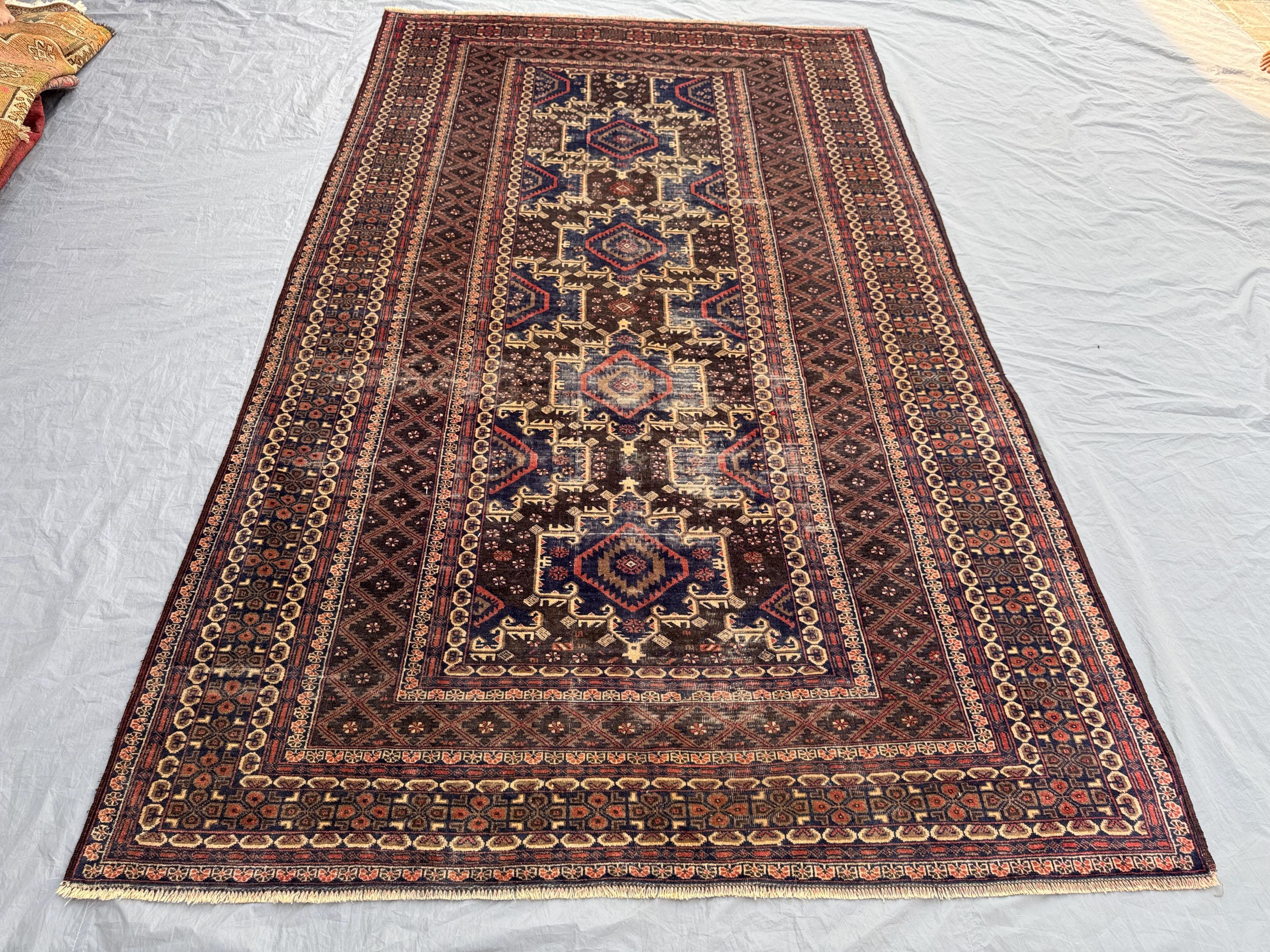 Brown 6'5 x 10'10 Ft Antique Afghan Baluchi Hand Knotted Distressed Large Area Rug Geometric Tribal Wool Low Pile Living Room Decor