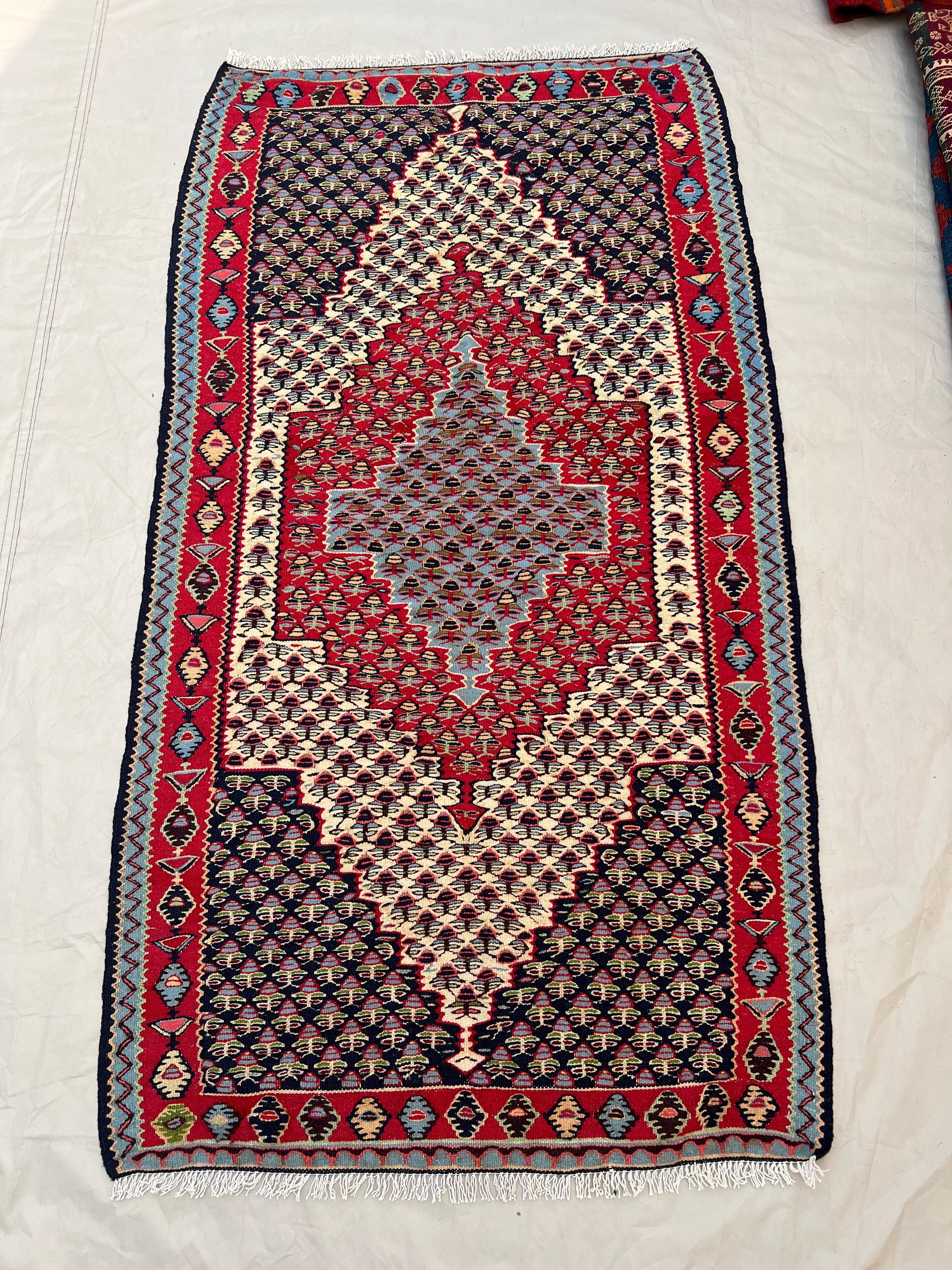 2'10x5'3 Ft Vintage Afghan Flat Woven Wool Kilim Navy Red Ivory Large Diamond Medallion Dense Boteh Field Tribal Boho Bedroom Accent Carpet