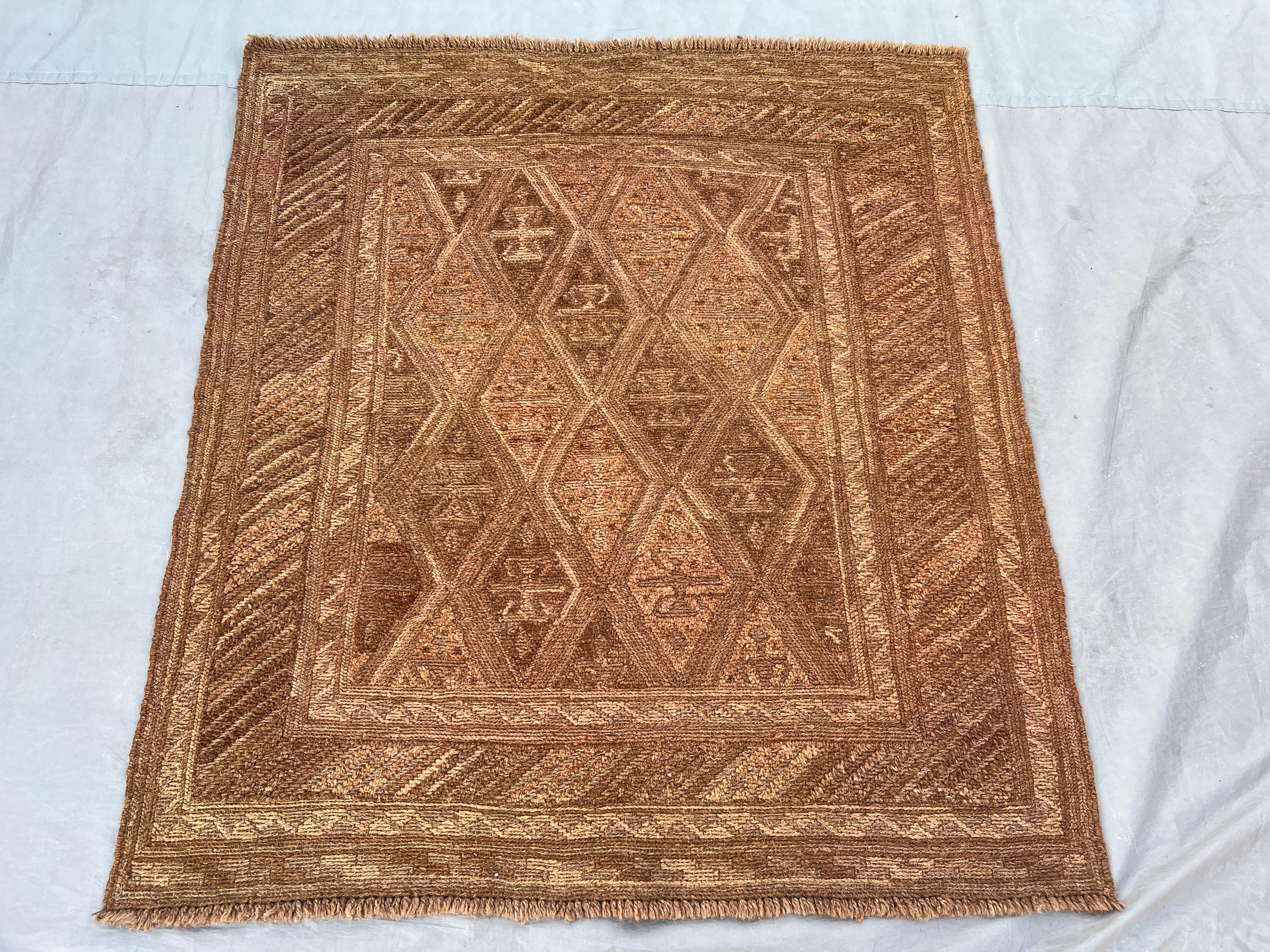 Terracotta 4x4'2 Ft Vintage Afghan Baluchi Handnotted Rug, Soft Pile Geometric Tribal Design, Wool Rug for Liv
