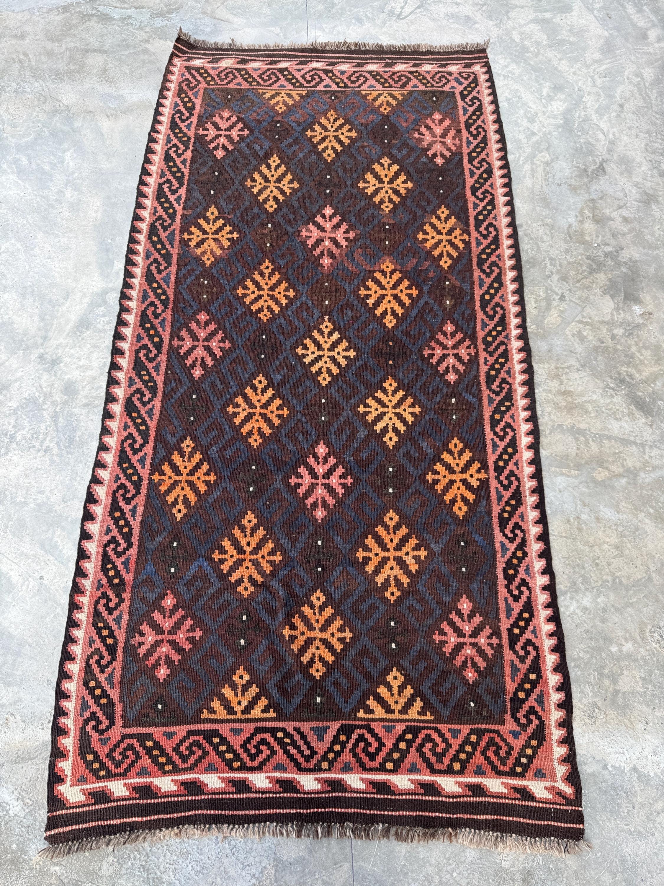 3'2 x 6'6 Vintage Afghan Handmade Turkish Style Ghelmori Geometric Kilim Flatweave Wool Runner Rug - Tribal Boho Area Runner Rug