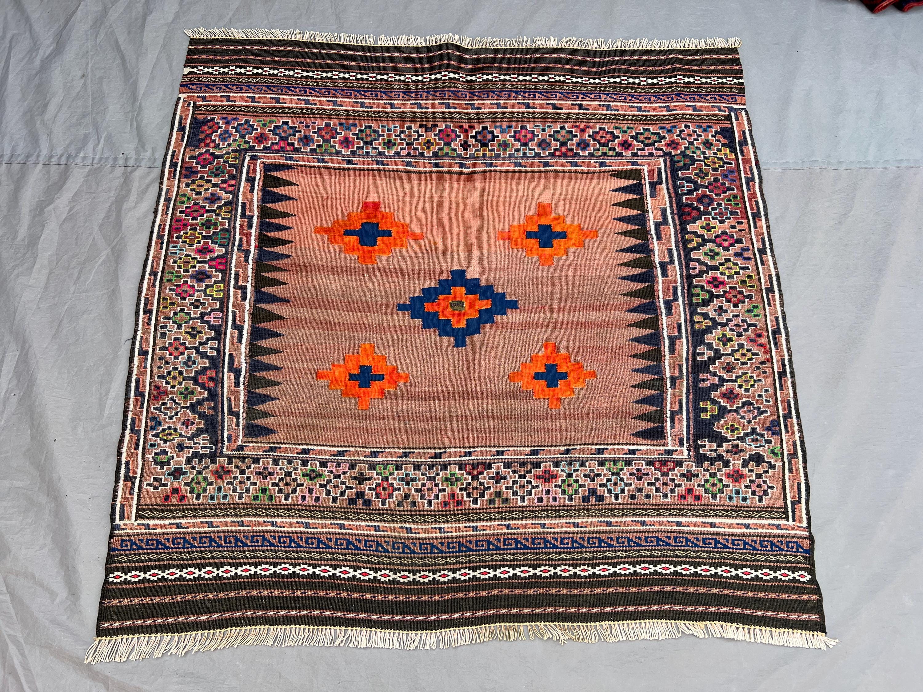 4x4 ft Vintage Afghan Tribal Kilim | Five Star Diamond Motifs Flat Weave | Dusty Rose Orange Navy | Boho Living Room Accent Kilim