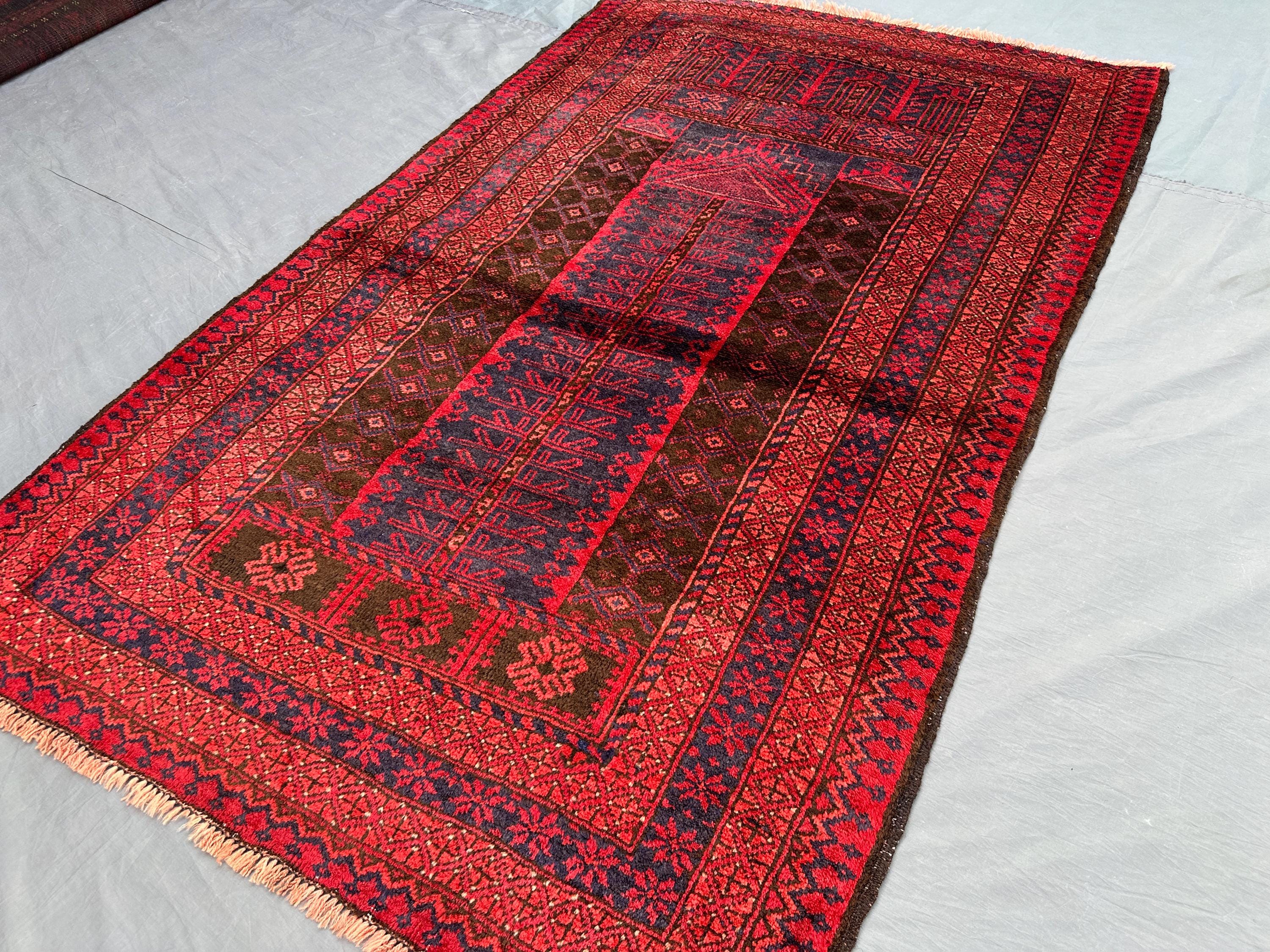 3x5 Vintage Afghan Prayer Rug | Hand Knotted Wool Tribal Carpet | Red Black Islamic Design | Nomadic Wool Area Rug | Muslim Prayer Mat
