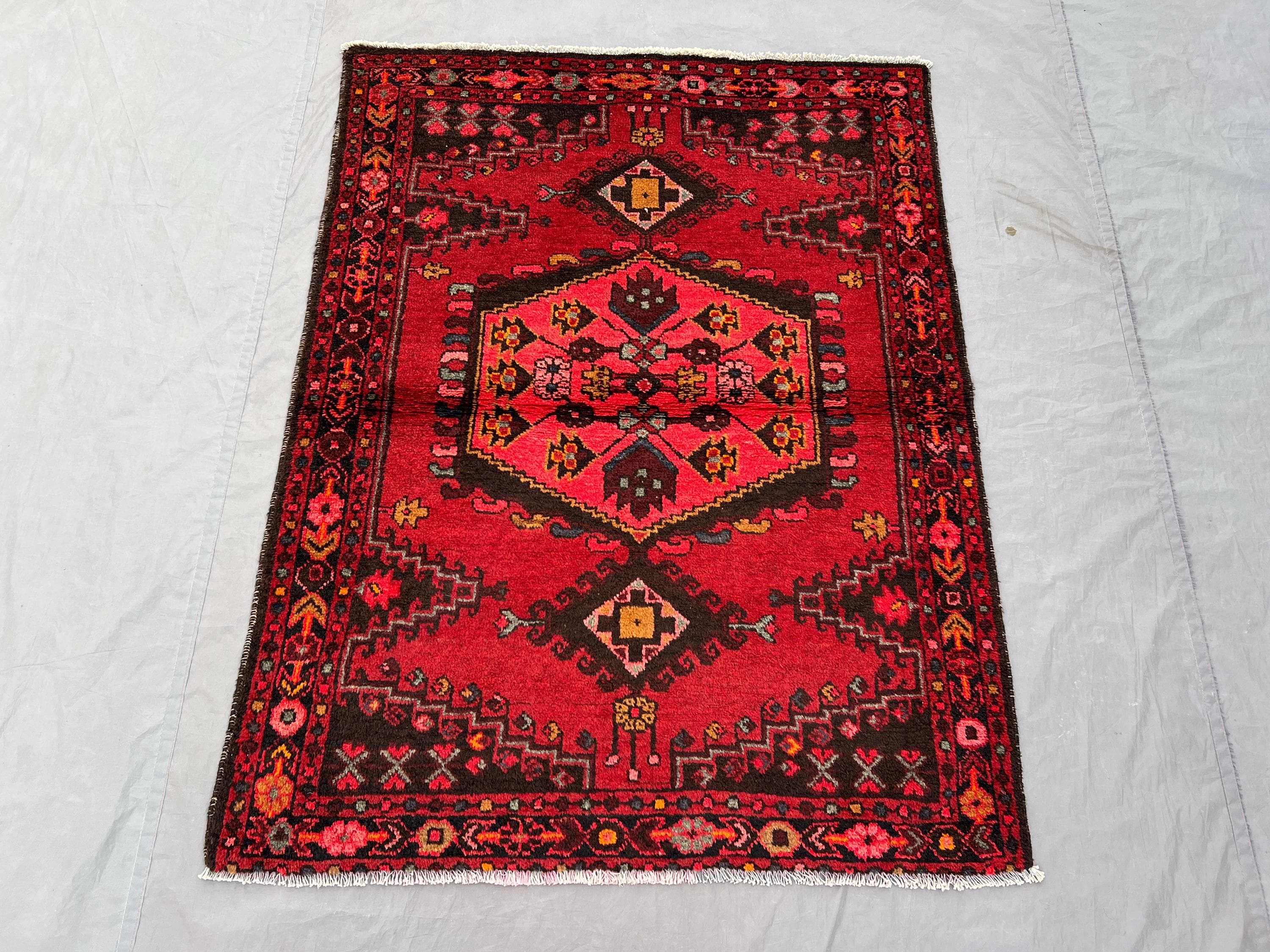 Vintage Turkish Rug 4x5, Hand Knotted Red Brown Wool Area Rug, Geometric Medallion Tribal Carpet, Boho Anatoli