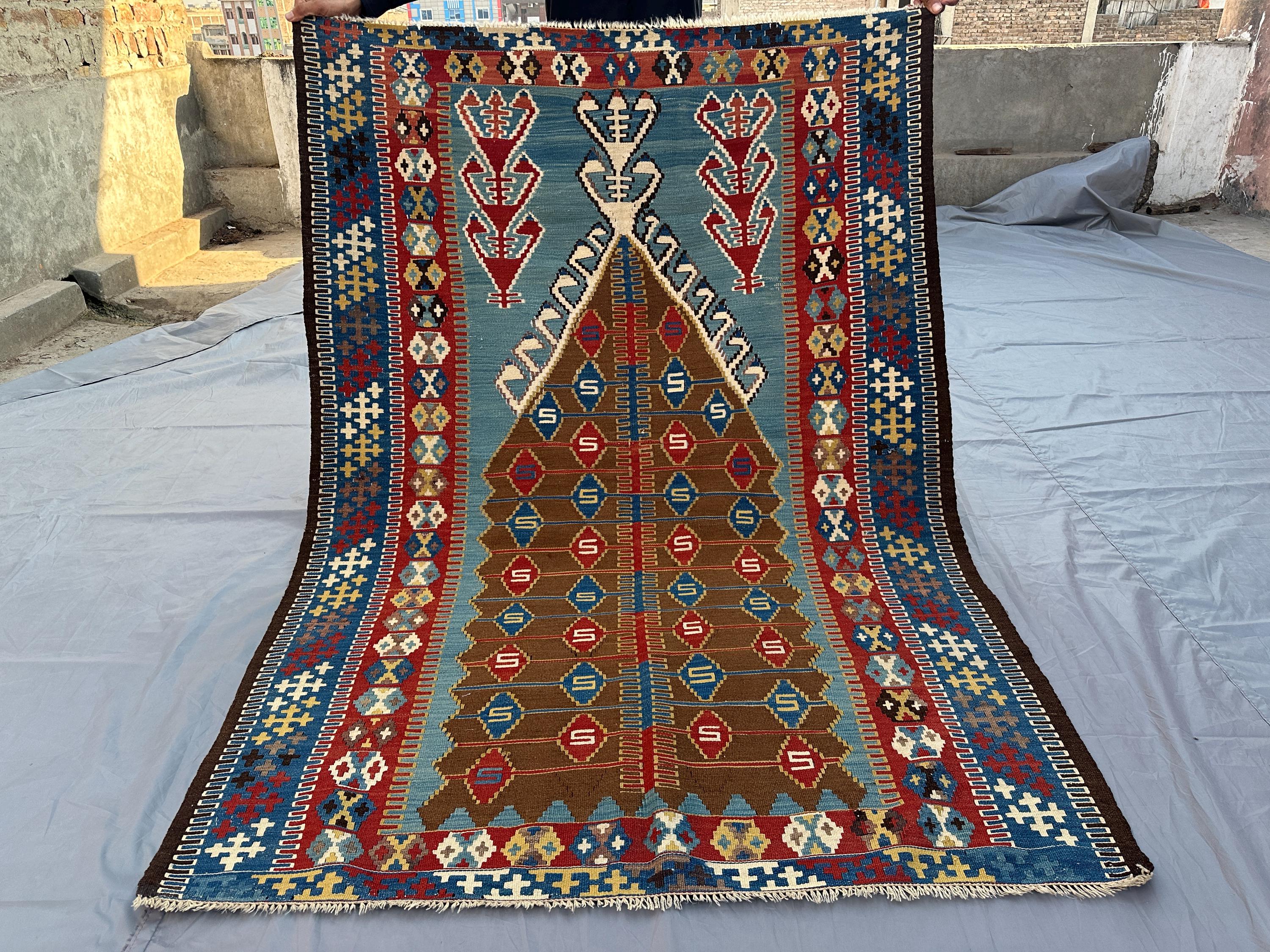 Antique 4x6 Turkish Prayer Kilim Flat-Weave Tribal Rug - Handmade Wall Hanging Anatolian Kilim with Geometric Patterns and Vibrant Colors