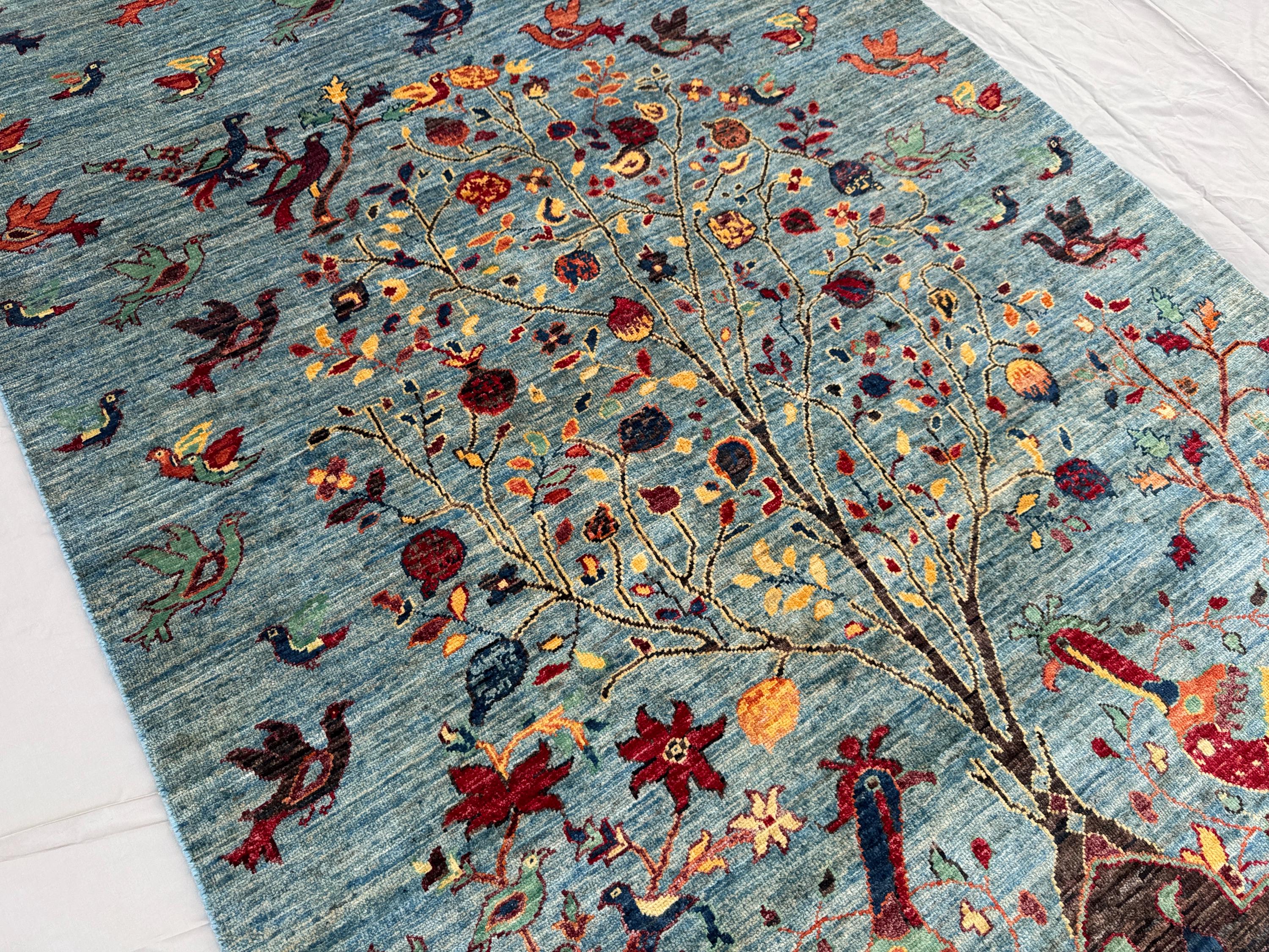 5x7 Modern Tree of Life Kazak Rug, Handwoven with Vibrant Birds and Floral Design, Blue Background, Bohemian Area Rug, Living Room Rug