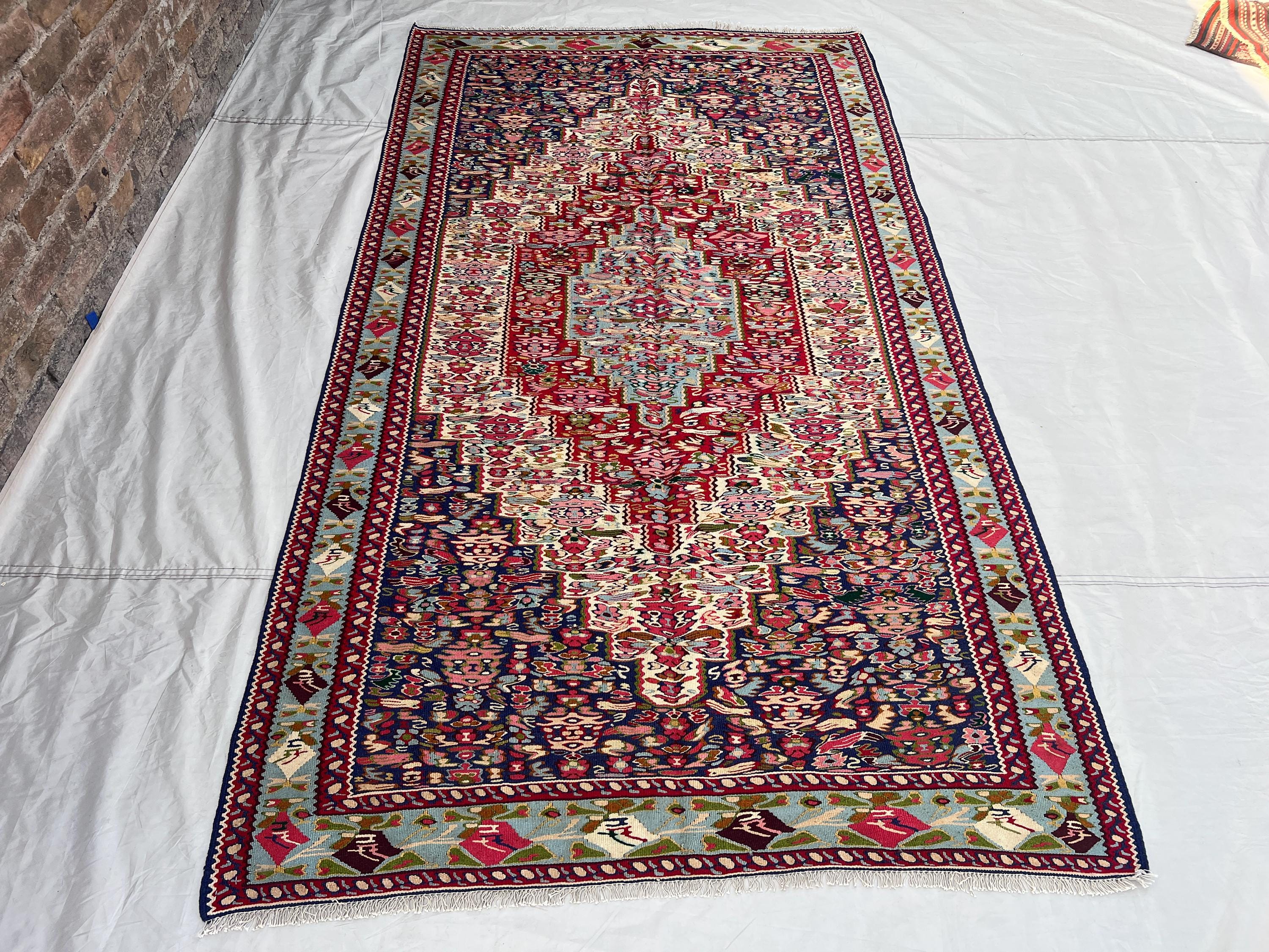4'8x8'7 ft Vintage Afghan Kilim Rug, Handmade Flatweave Wool Rug, Floral Medallion Kilim Carpet, Red Blue Area Rug, Boho Home Decor