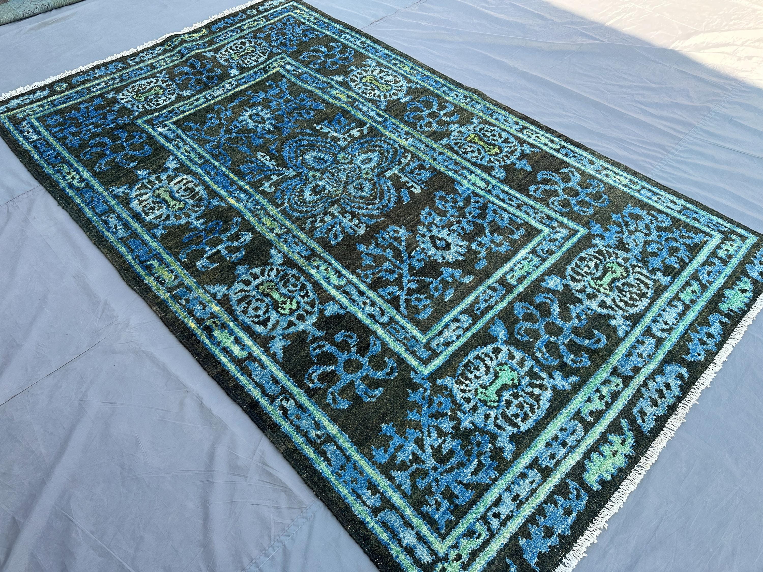 5x8 Afghan Hand Knotted Oushak Rug, Modern Wool Area Rug, Floral Geometric Design, Blue Green Black Carpet, Li