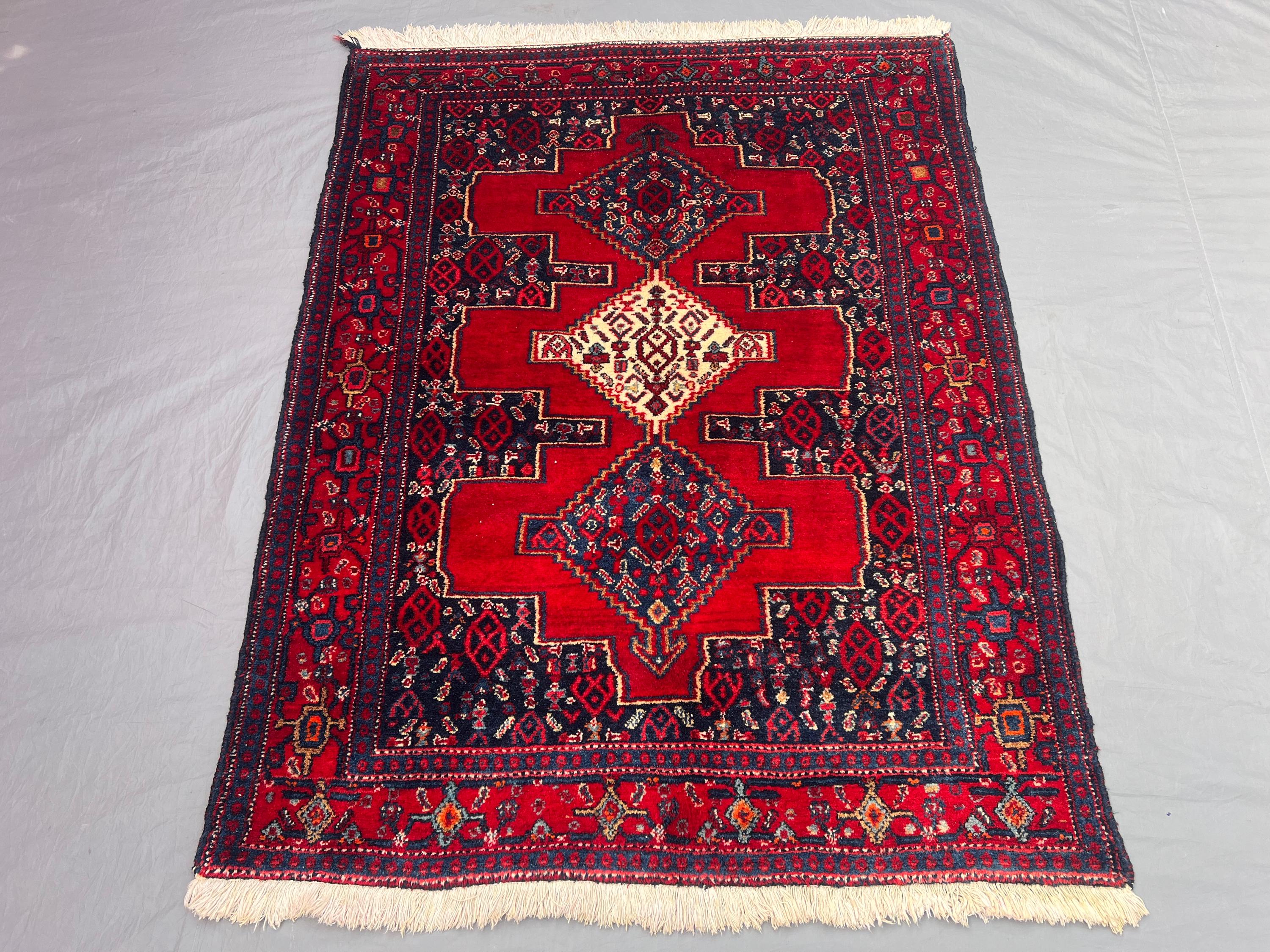 4x5'3 Ft Antique Afghan Baluchi Hand-Knotted Geometric Tribal Wool Area Rug, Deep Red, Boho Chic for Living Room, Bedroom, Floor Rug