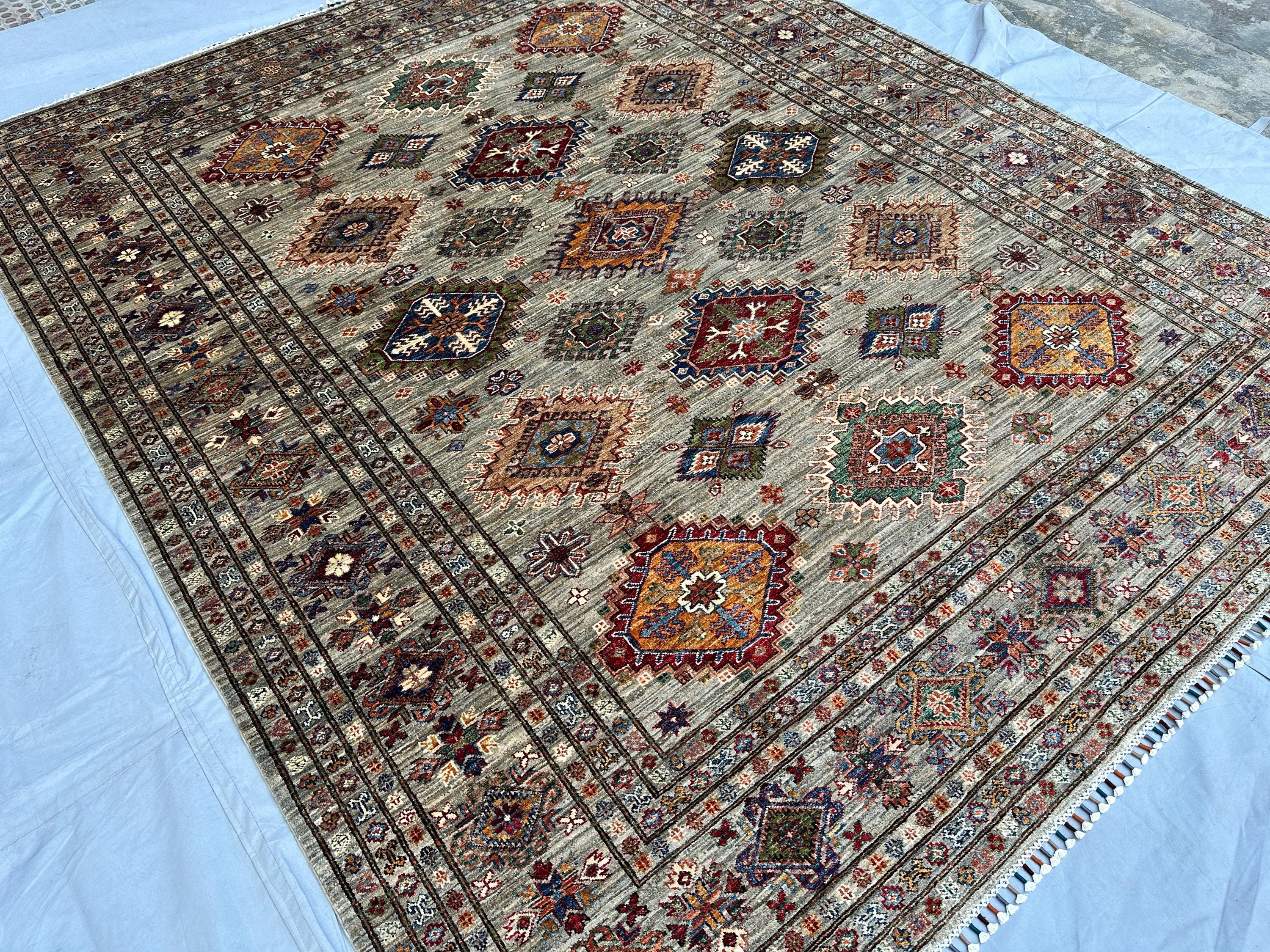 8x10 Afghan Sultani Area Rug Hand-Knotted Wool Carpet, Grey Multicolor Diamond Medallion Design, Large Living