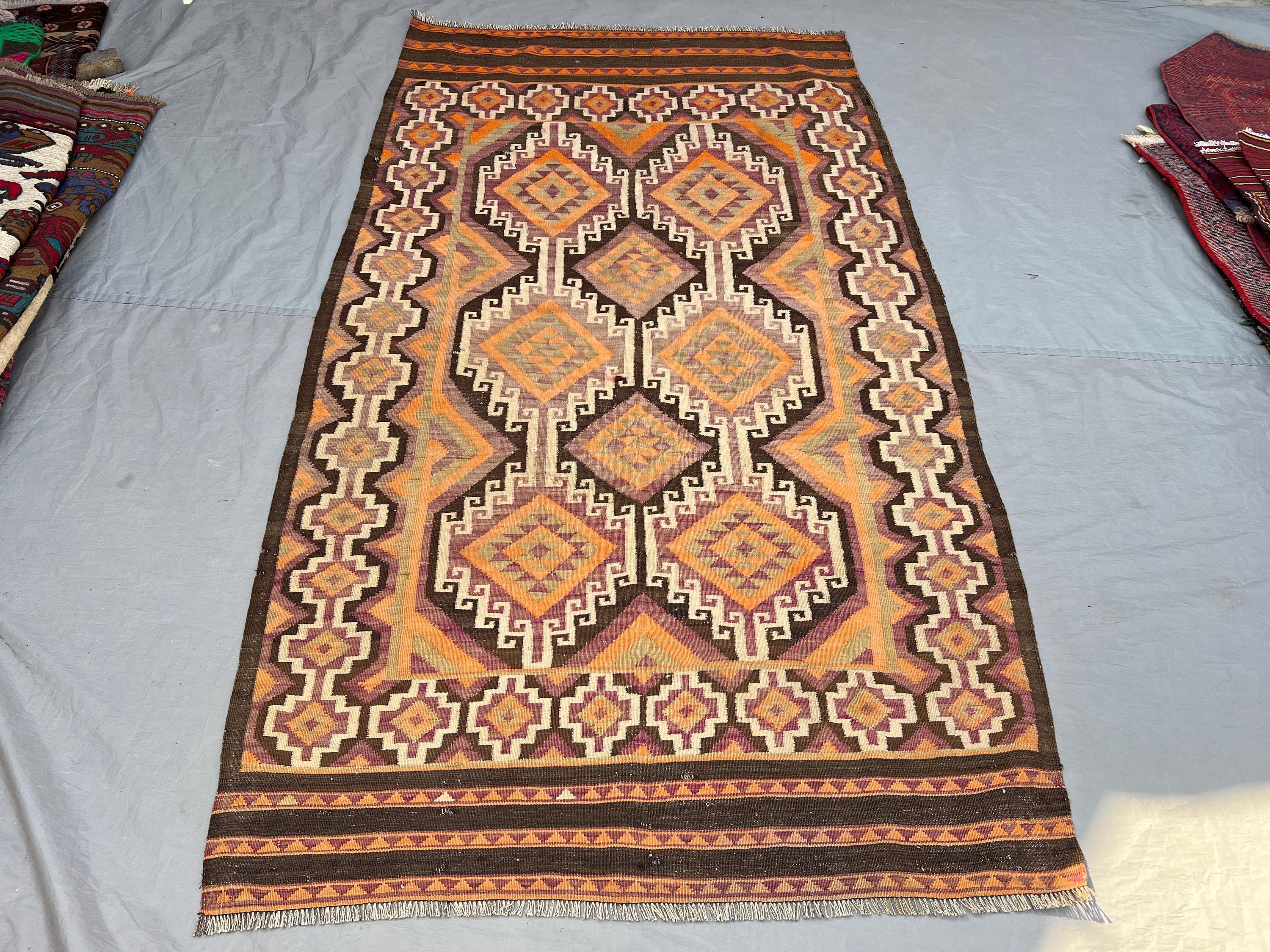 4'3x7'5 ft Vintage Afghan Kilim Rug | Handwoven Tribal Large Geometric Medallion | Fiery Orange & Dark Chocolate Brown Flatweave Living Room