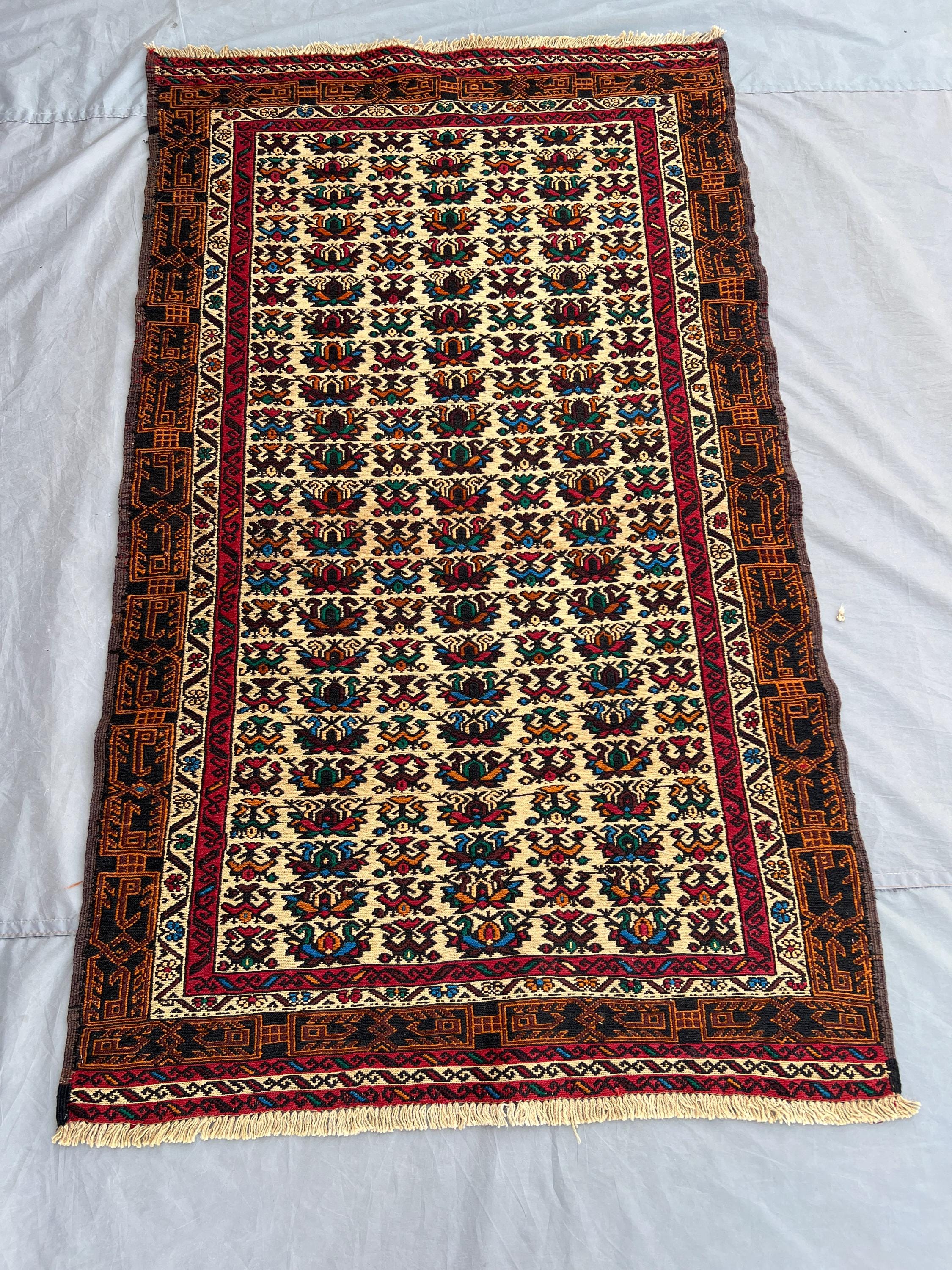 Afghan Sumak Kilim Rug 4x6 | Vintage Flatweave Tribal Wool Rug | Handwoven Ethnic Wall Hanging | Rustic Geomet