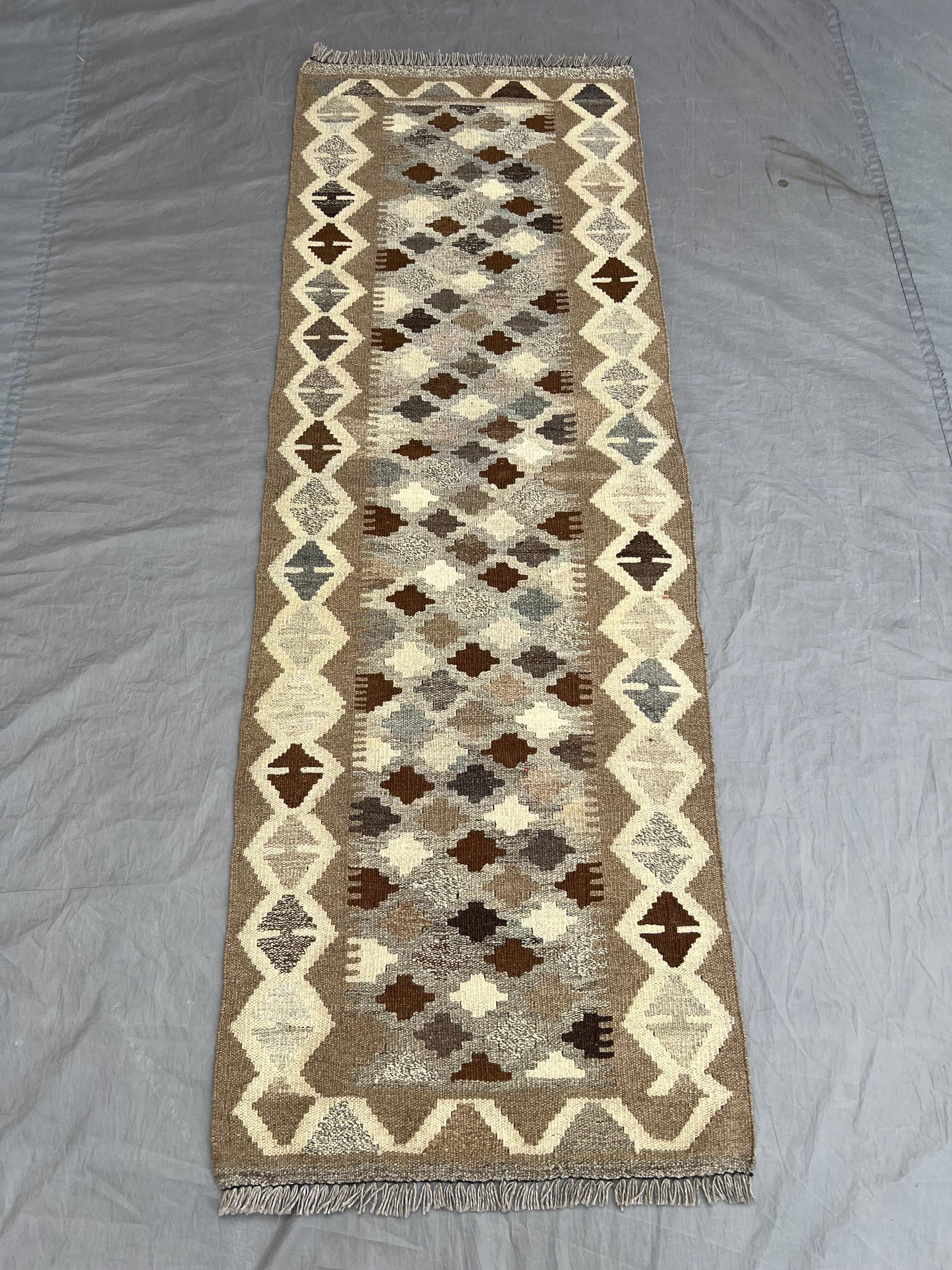 Rare 2 x 6 ft Afghan Hand-Woven Vintage Flat-Weave Kilim Runner, Faded Maimana Design, Wool Tribal Rug, Unique Home Decor Accent
