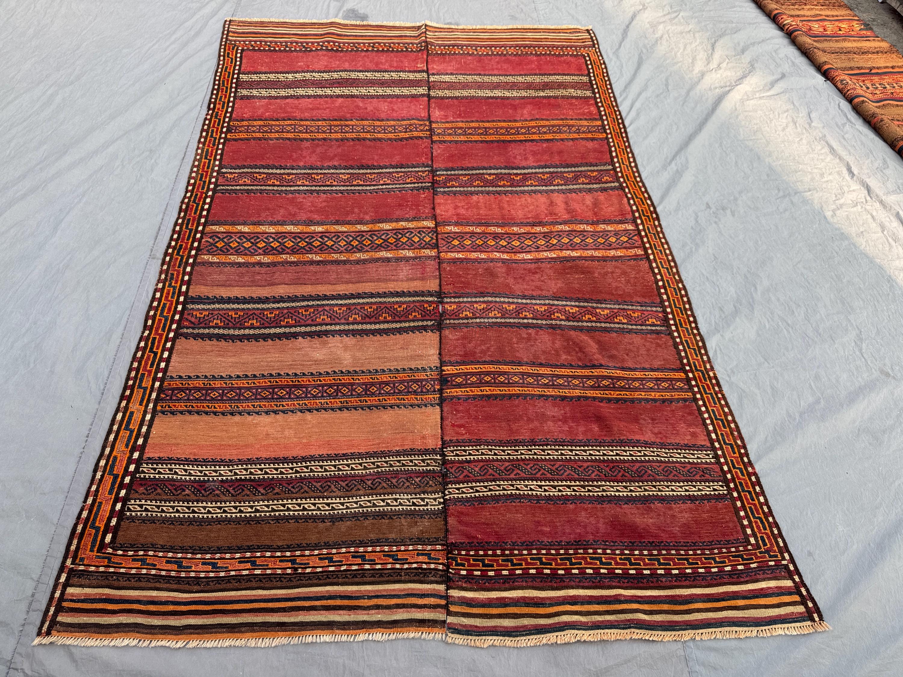 5'9 x 8'10 ft Antique Afghan Baluchi Kilim No Pile Flat Weave Nomadic Wool Area Rug Distressed Large Living Room Decor