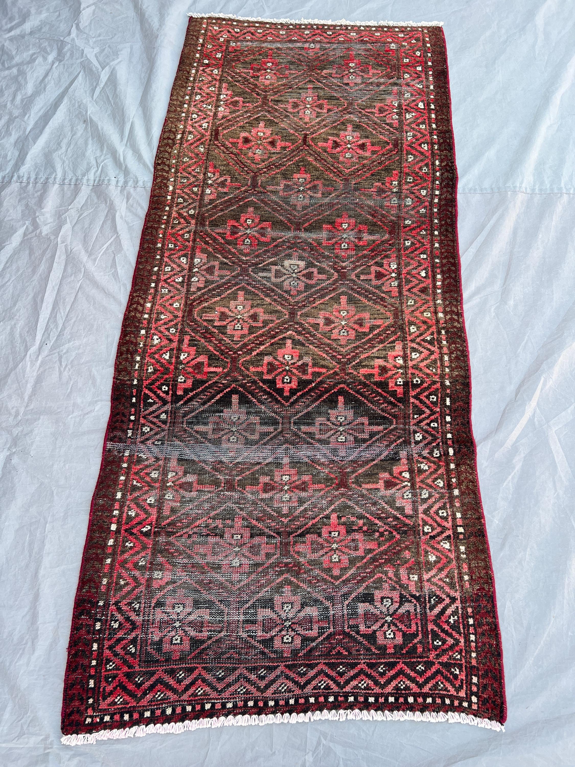 2'8 x 6'4 Ft Vintage Afghan Distressed Runner, Handwoven Wool Pile, Geometric Diamond Design in Red and Black, Handknotted, Entryway
