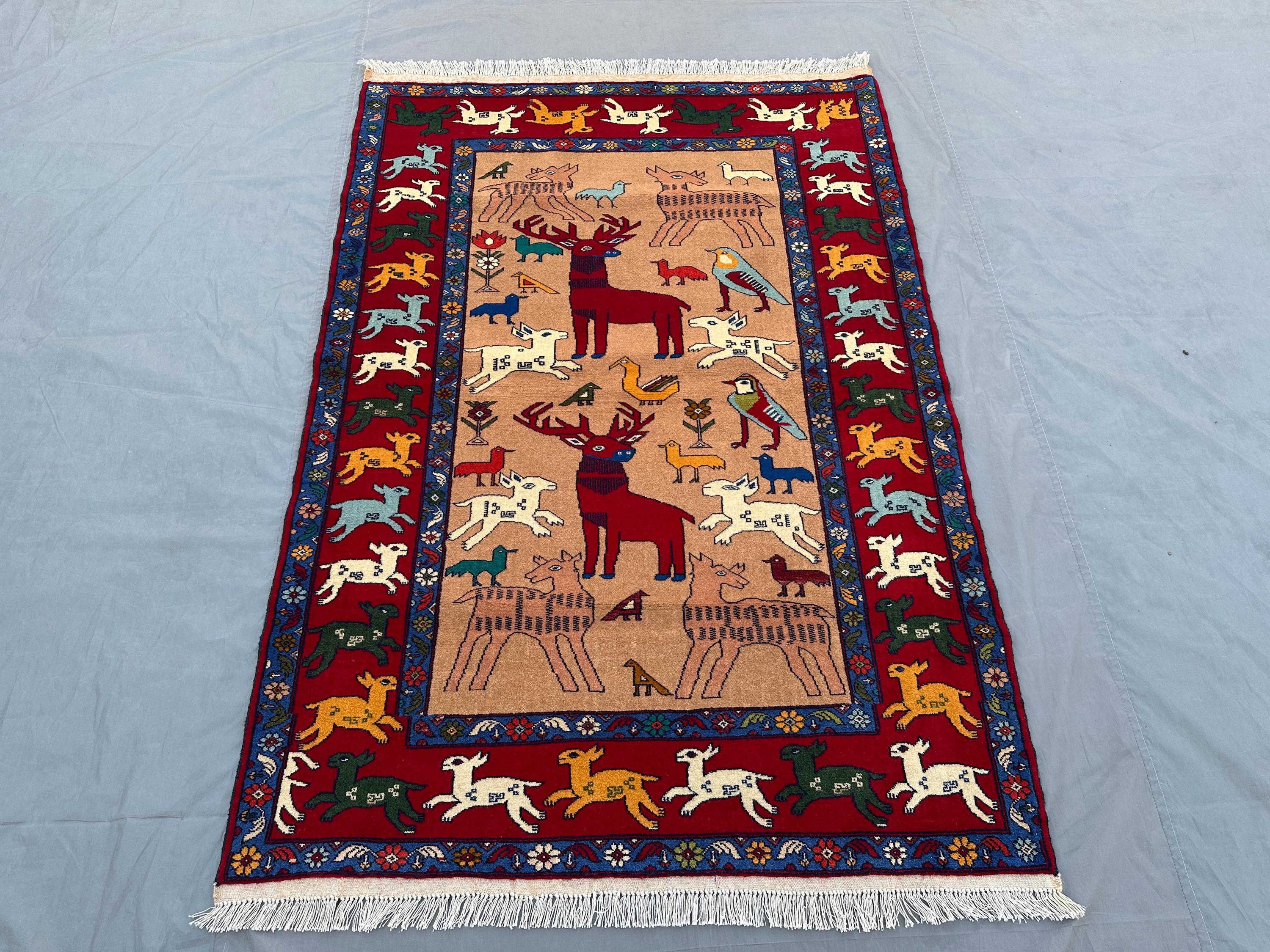 Afghan Baluch Pictorial Rug 4'4" x 6'4" – Hand-Knotted Wool Rug, Tribal Animal Design Carpet, Vintage Nomadic Area Rug, Boho Home Decor