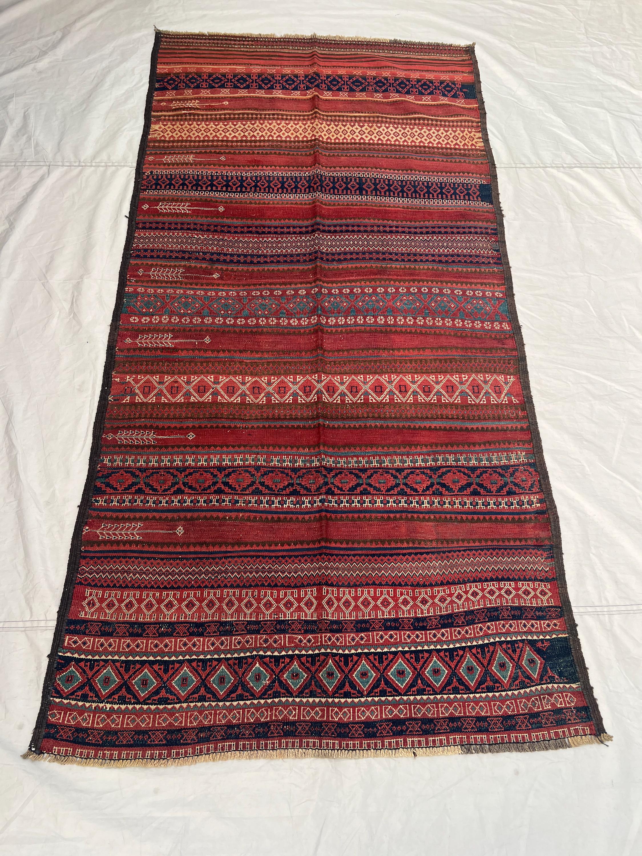 3'10x8 ft Vintage Afghan Baluchi Style Kilim | Multi Band Stripe Geometric Flat Weave | Deep Red Navy Teal | Boho Runner Kilim