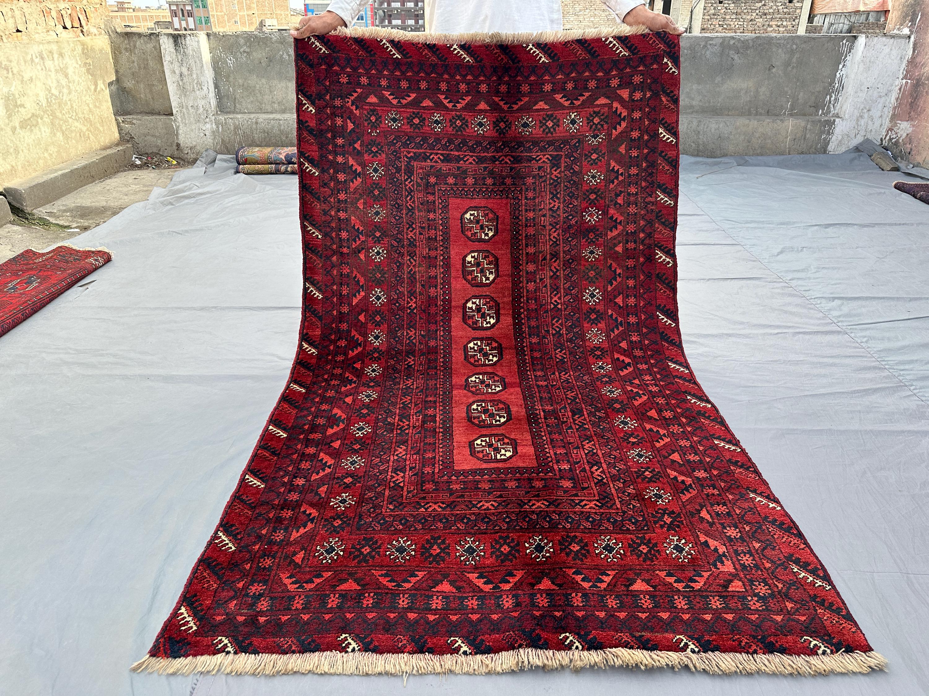 3'5x6 ft Vintage Turkmen Bukhara Rug | Mowri Design Hand Knotted Wool Carpet, Red Tribal Area Rug | Afghan Oriental Floor Decor, Kitchen Rug