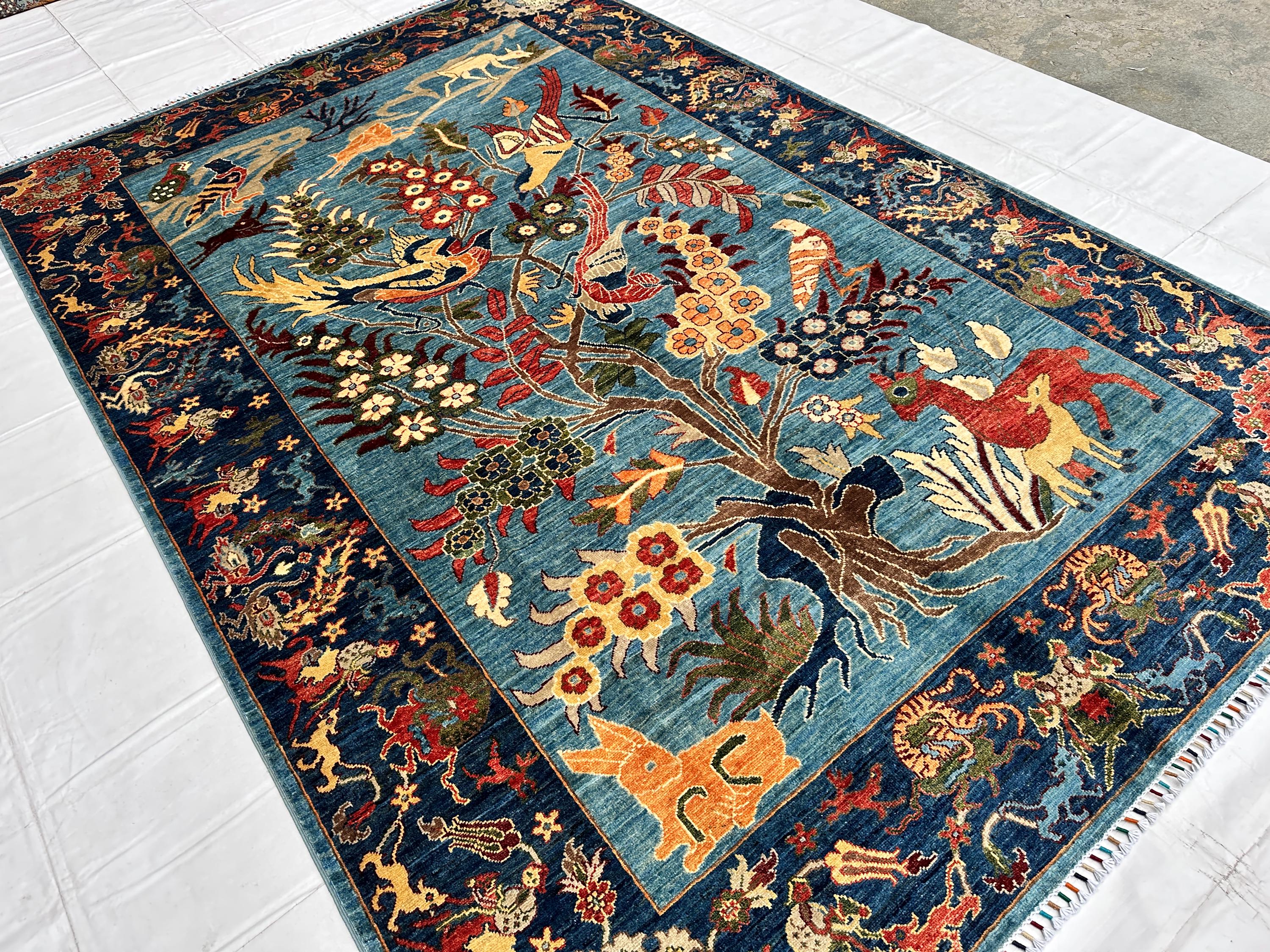 Blue Tree of Life Rug, Hand Knotted Wool Deer Bird Rug 7x10, Pictorial Area Rug, Animal Motif Wool Rug, Living