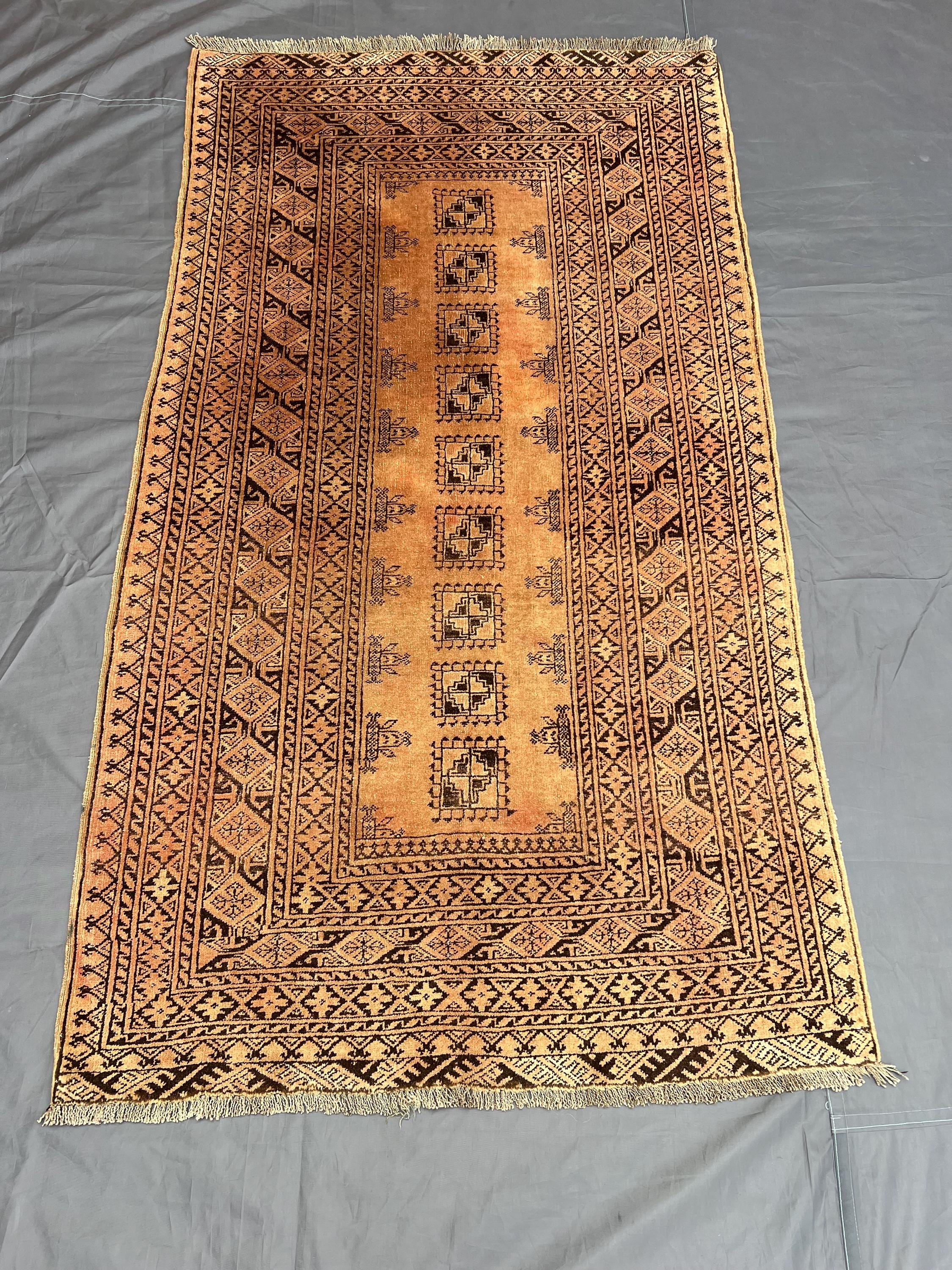4x6 Elegant Beige Vintage Afghan Turkoman Bokhara Rug, Hand-Knotted Wool Carpet, Tribal Geometric Design for L