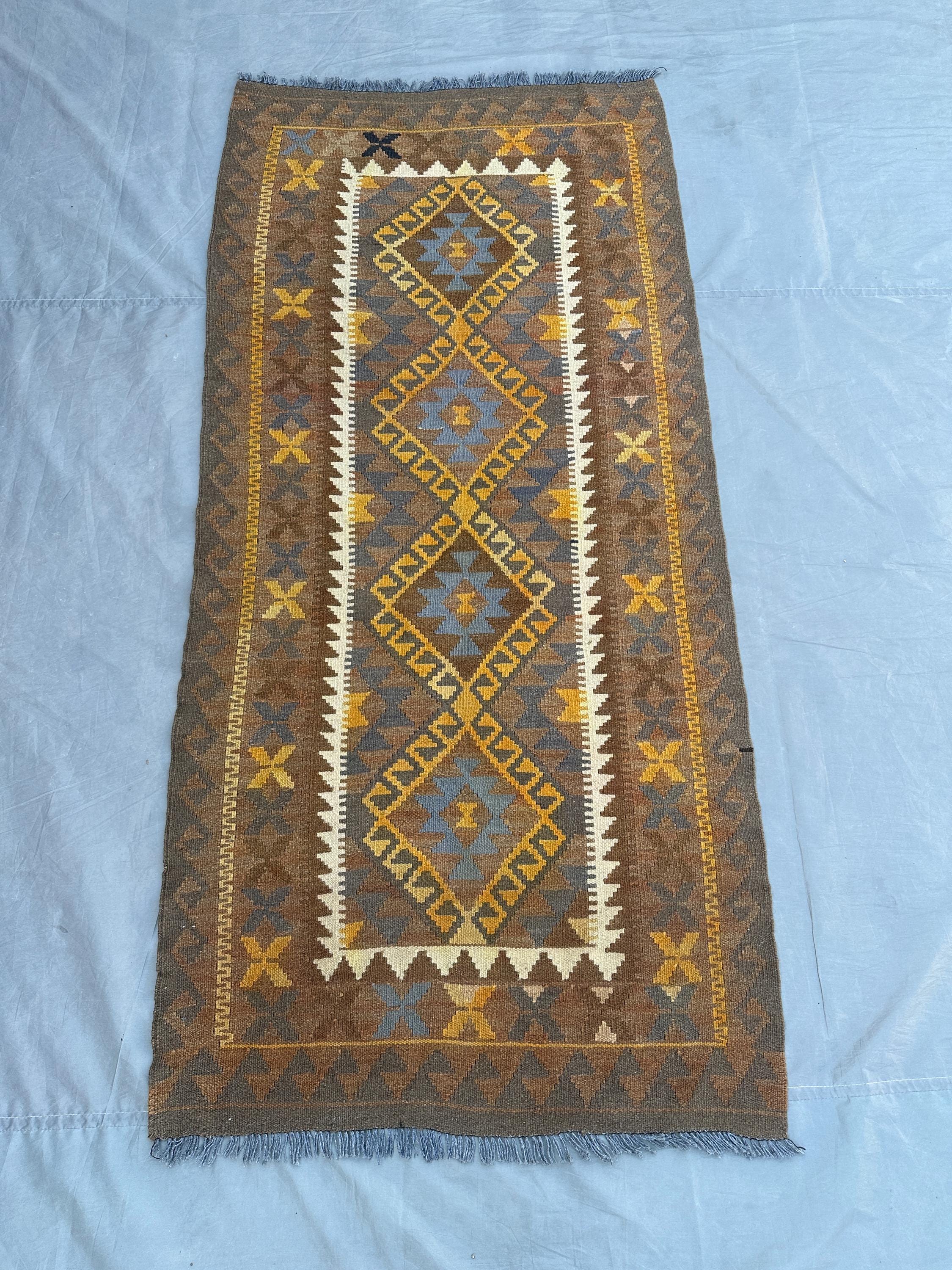 3x7 Afghan Kilim Rug | Flat Weave Tribal Wool Area Carpet | Faded Terracotta Geometric Runner | Turkish Style Boho Decor Rug, Kitchen rug