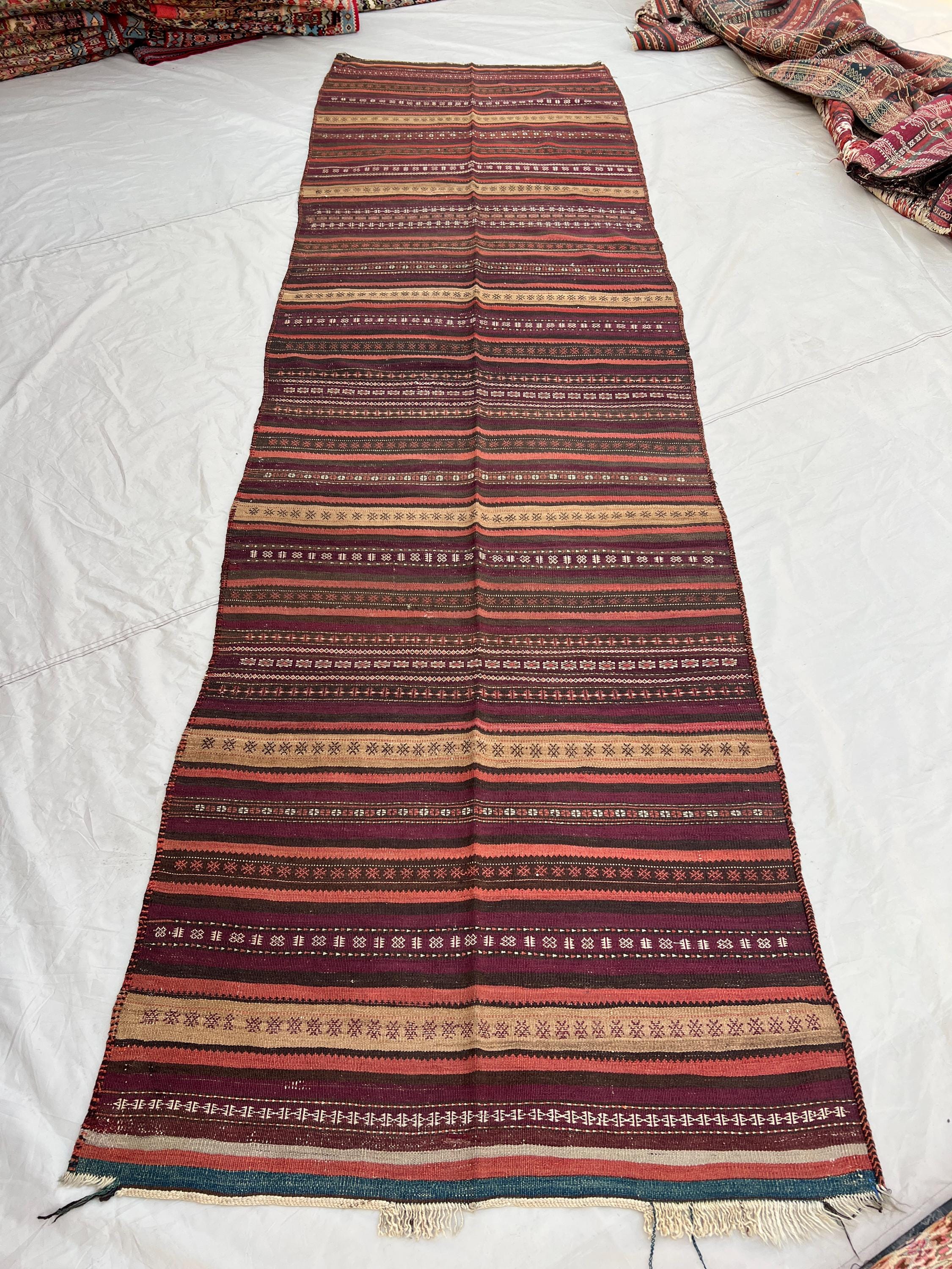 3'8x12'1 ft Vintage Afghan Hand-Woven Kilim Runner Horizontal Stripe & Embroidered Geometric Band | Deep Plum Coral Camel | Hallway Entryway