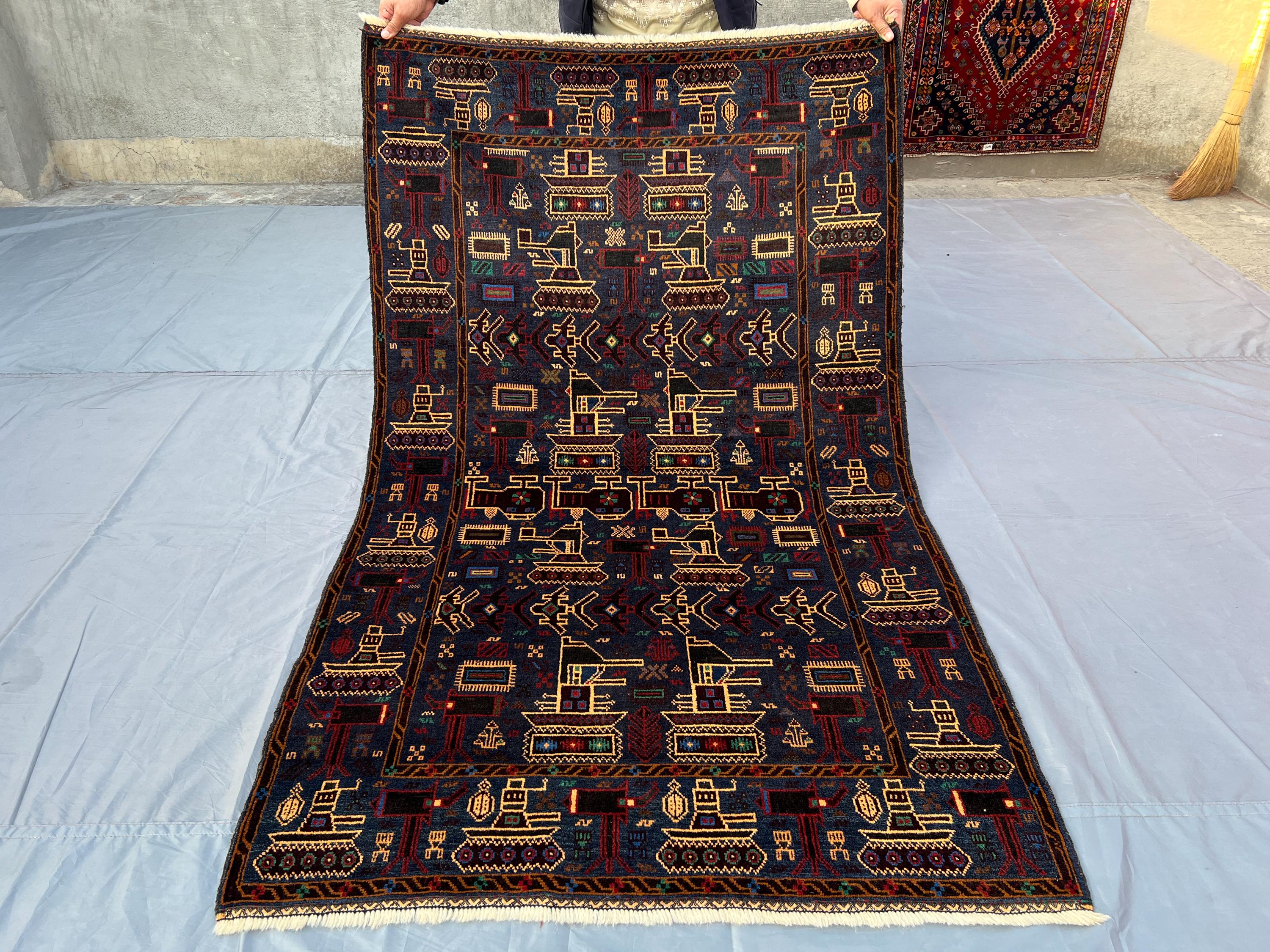Afghan Baluch War Rug – 3.11x6.7 ft Tribal Pictorial Wool Carpet – Handmade Turkmen Art Rug for Outdoor, Bedro