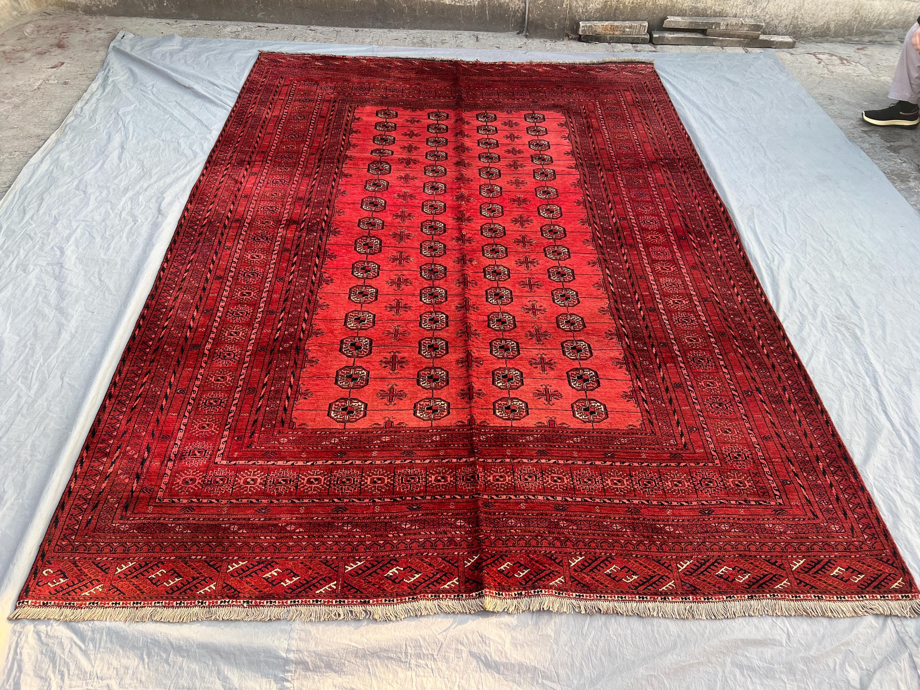 7'7x10'6 Ft Vintage Afghan Turkoman Wool Pile Rug Hand-Knotted All-Over Elephant Foot Gul Vivid Red Black Extra Large Area Rug | Living Room