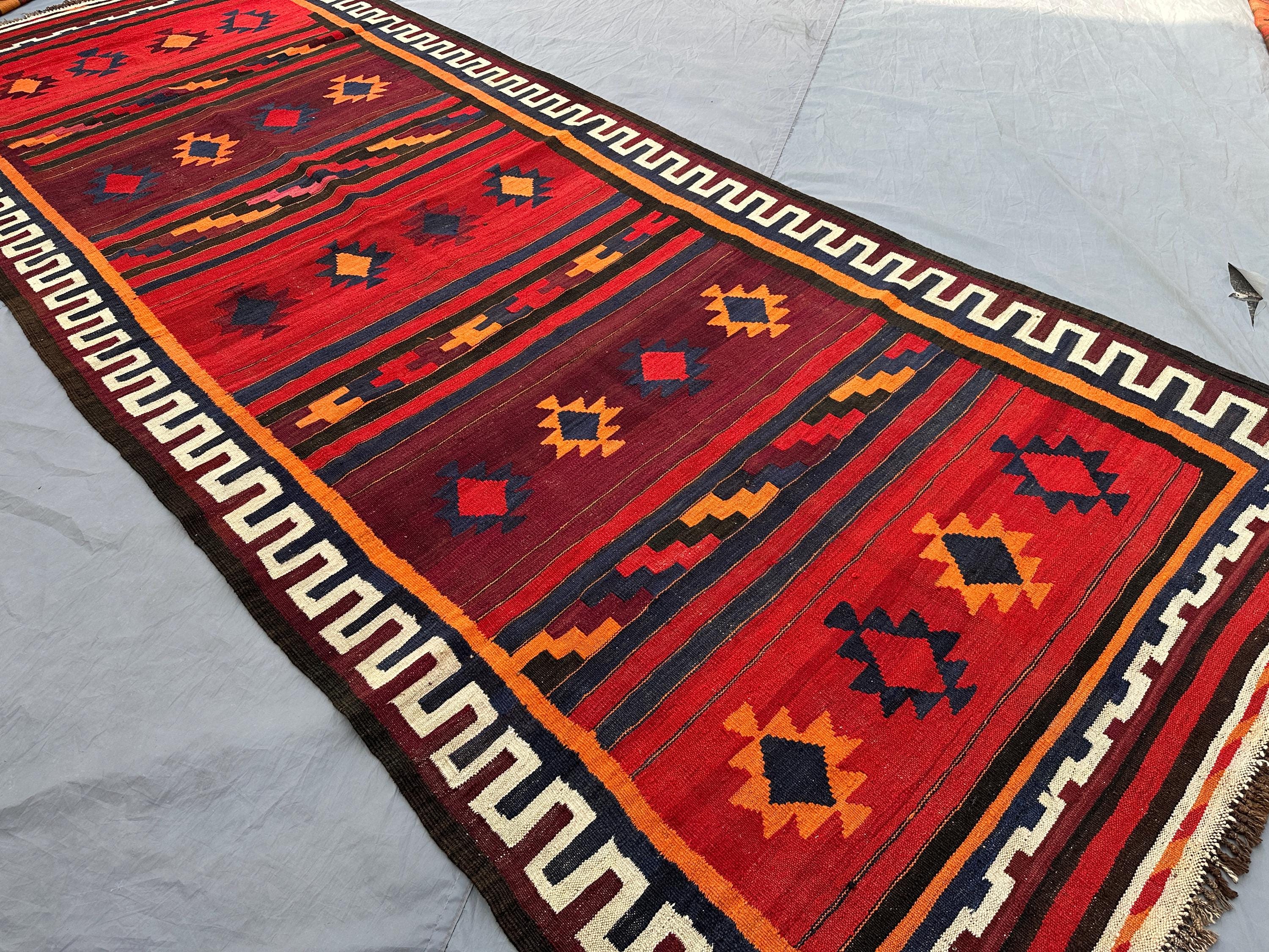 5x13 Antique Afghan Kilim Runner | Turkish Style Handmade Flat Weave Rug | Tribal Geometric Wool Area Rug, Boh