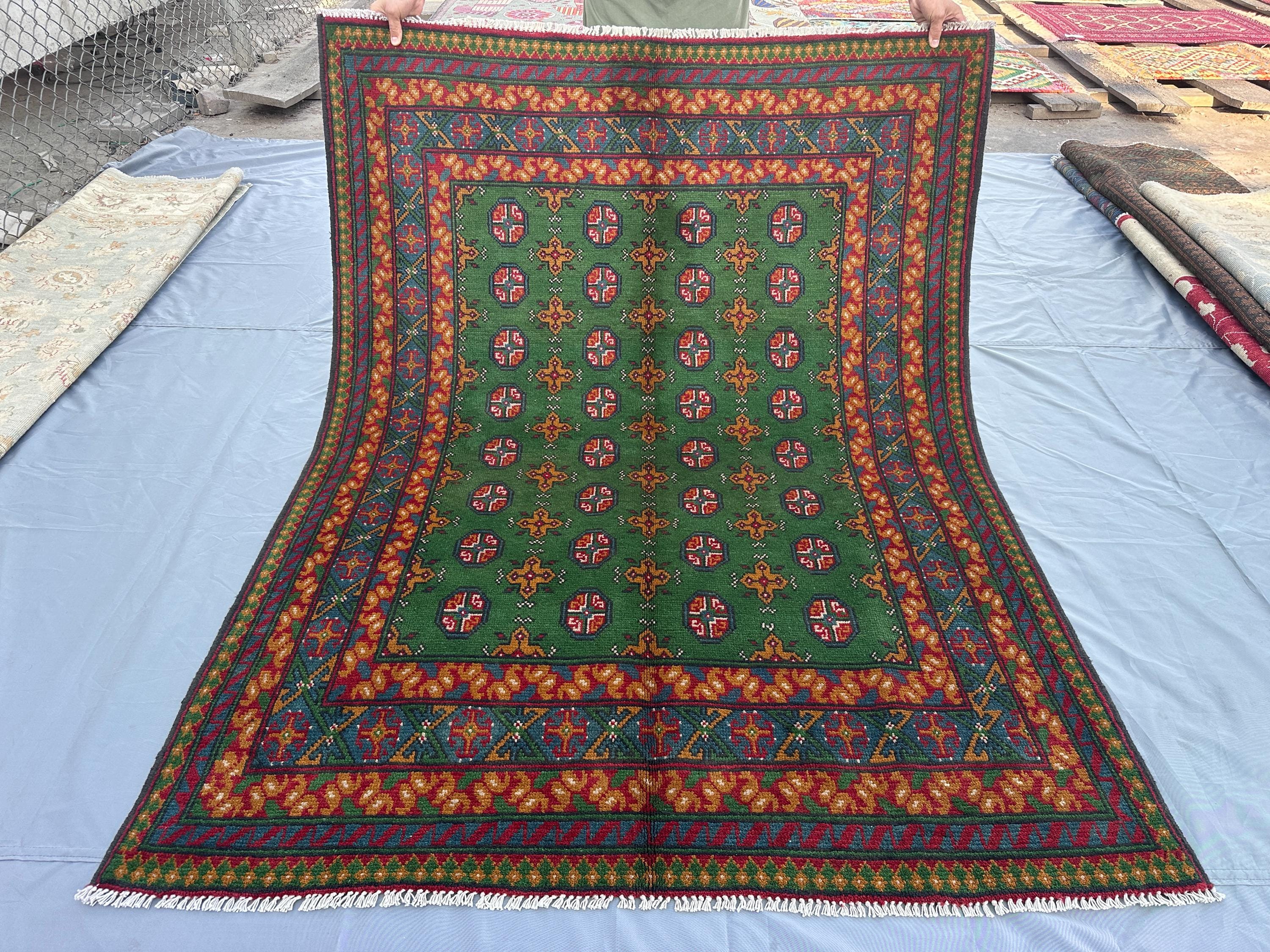 5x7 Green Afghan Hand Knotted Bukhara Rug, Tribal Wool Carpet, Traditional Nomadic Design, Soft Fine Oriental Area Rug Decor, Bedroom Rug