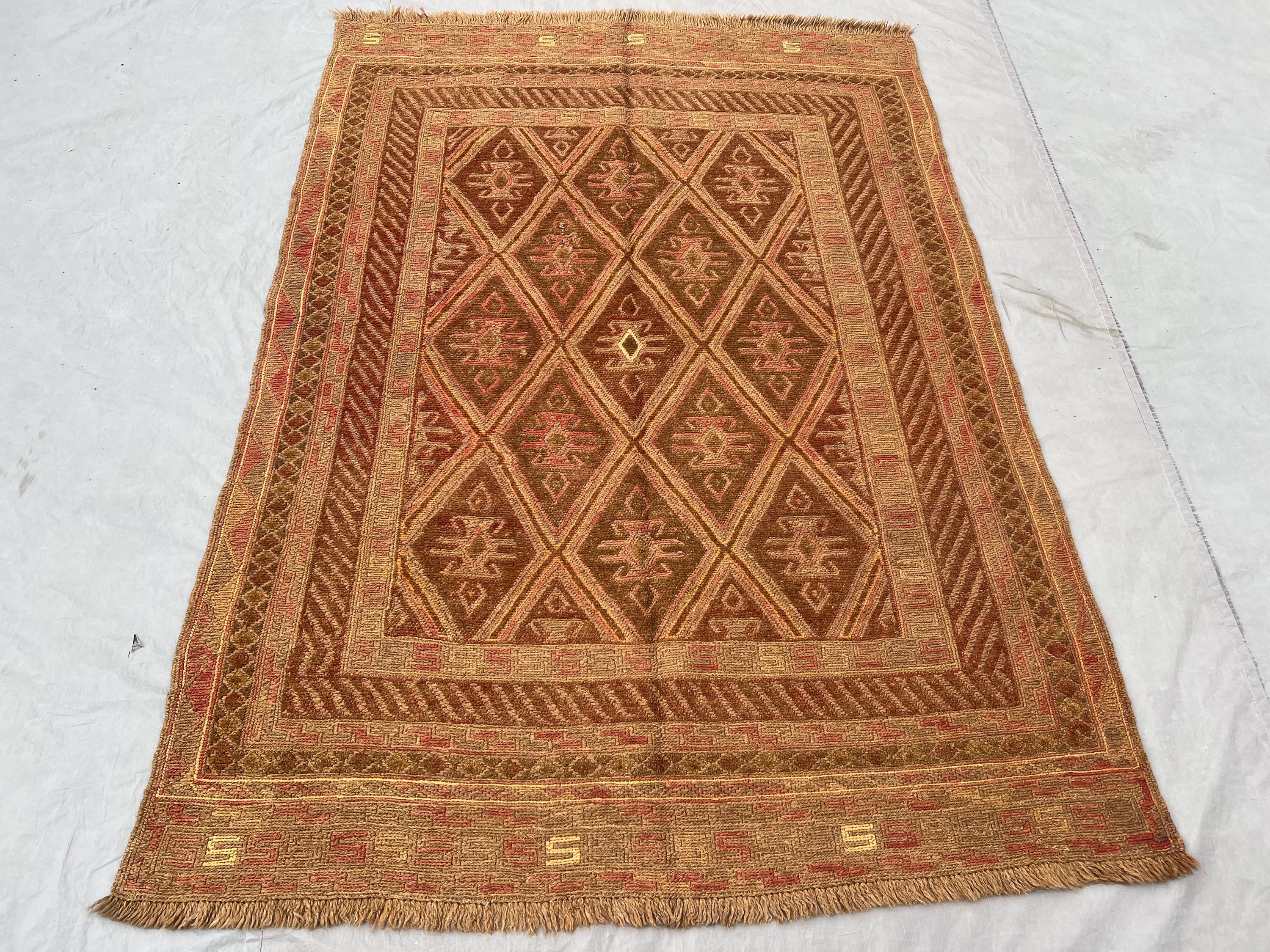 4'6x6'3 Antique Afghan Baluch Tribal Rug, Mishwani Wool Vintage Kilim Rug, Geometric Pattern, Handmade Carpet, Beige Faded Floor Rug