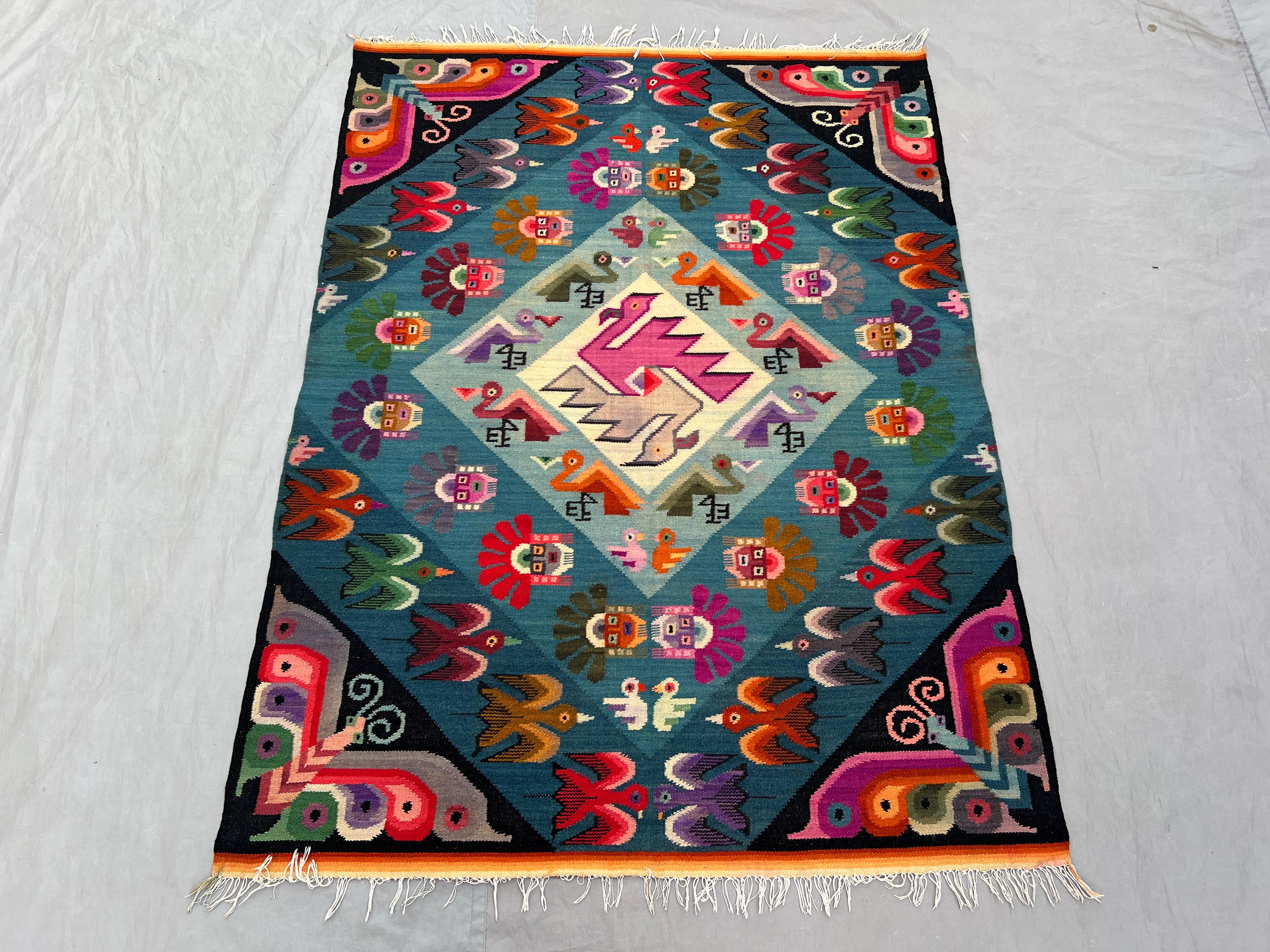 Afghan hand woven vintage 3.10 x 5.1 ft flat weave kilim one of a kind small area decor with colorful pictorial animal pattern design