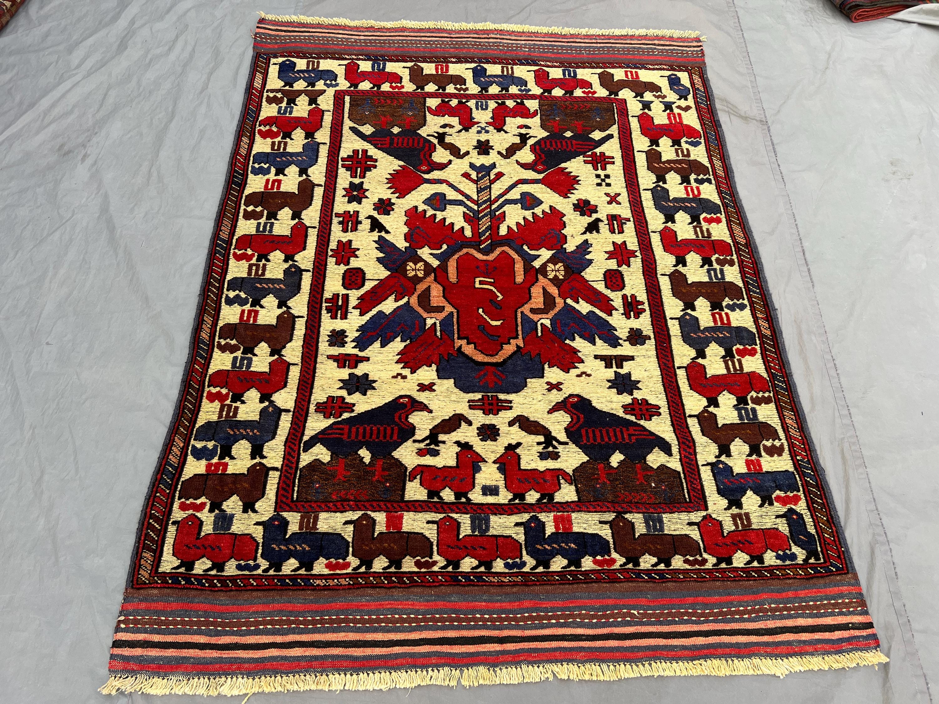 4'7 x 6'2 Ft Vintage Afghan Baluchi Hand Knotted Tribal Area Rug Animal Bird Motif Soft Pile Living Room Decor, Dining Room, Bedroom