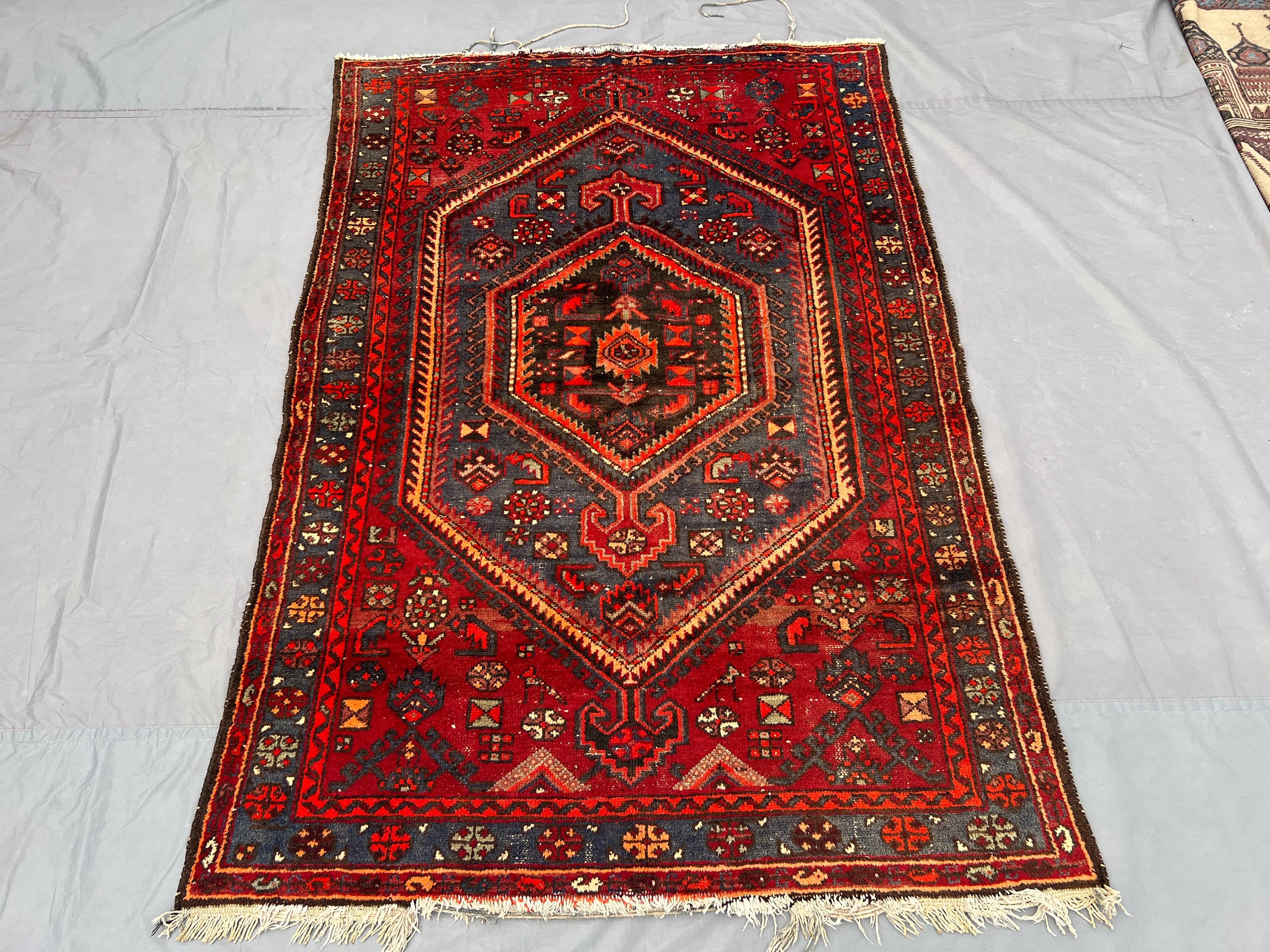 4'5 x 6'2 ft Antique Heriz design Geometric Afghan Rug - Red Handmade Wool Natural dyes Soft Pile Rug - Oriental Vintage Rug - Bedroom Rug