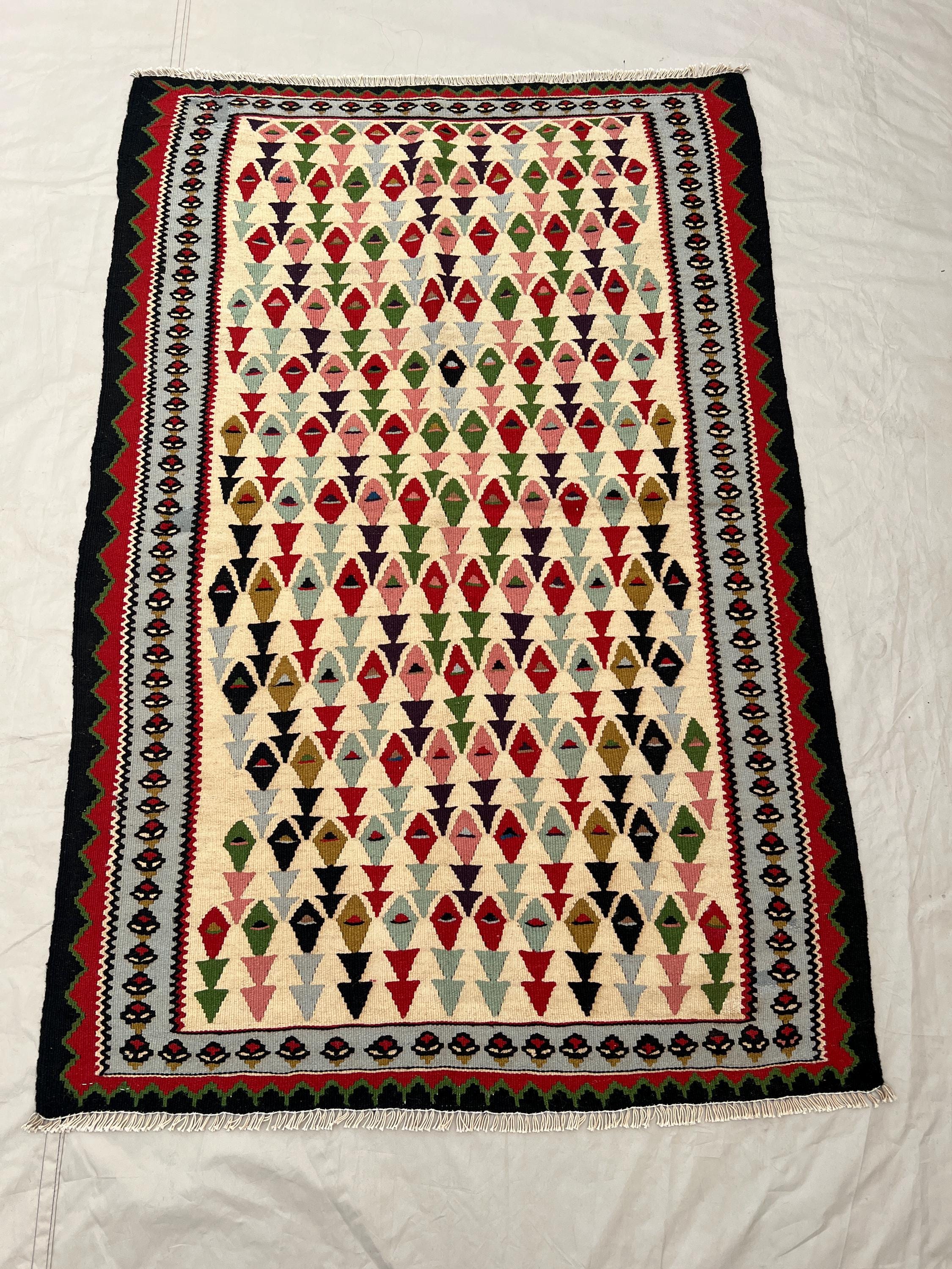 3'2x4'8 Ft Vintage Afghan Kilim Flatweave | Ivory Multicolor All-Over Triangle Arrow |Handwoven Wool Tribal Rug Living Room Bedroom Entryway